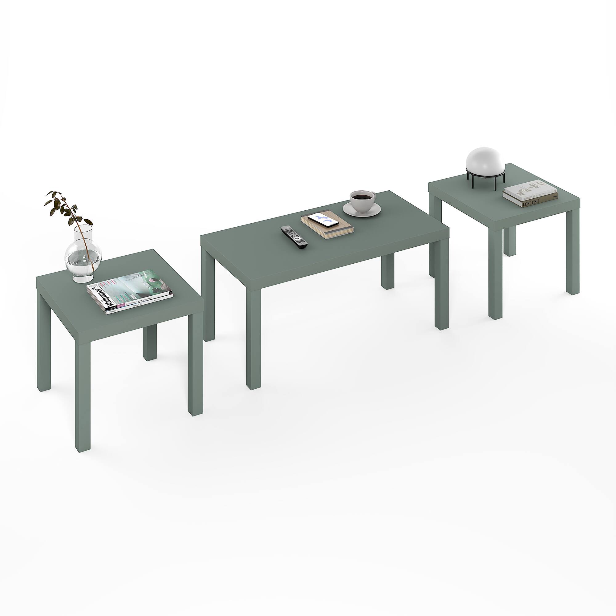 Alt View 4. Furinno - CLASSIC Set of 3 Living Room Table, Modern Rectangle Coffee Table with 2 Square Side Tables, End Tables, Thick Tabletop - Sage Green.