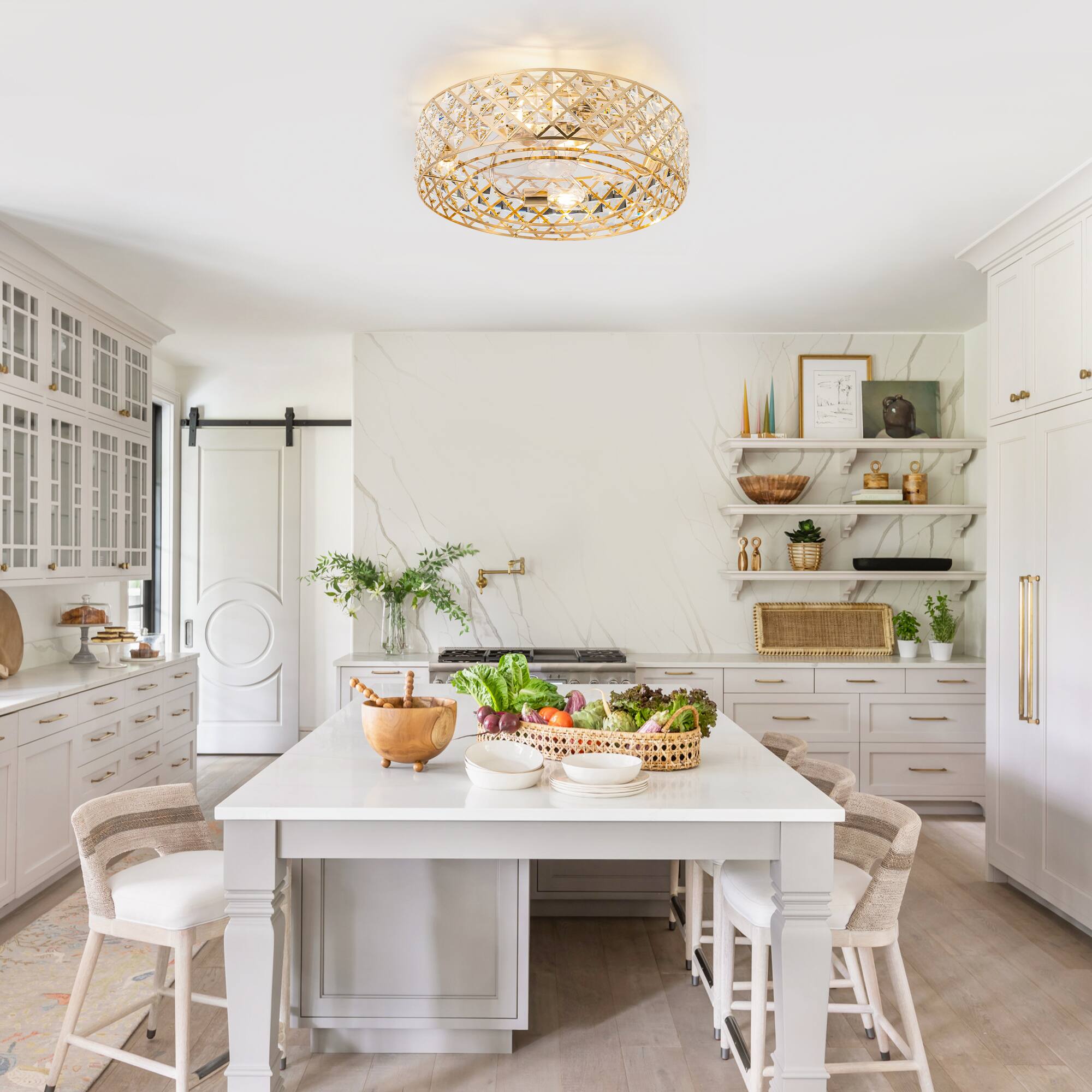 Alt View 2. Breezary - 19-Inch Ceiling Fan with Crystal Cage Shade, 7 Transparent ABS Blades, DC Motor, 6-Speed Remote Control, Timer, E26 Base - Gold.