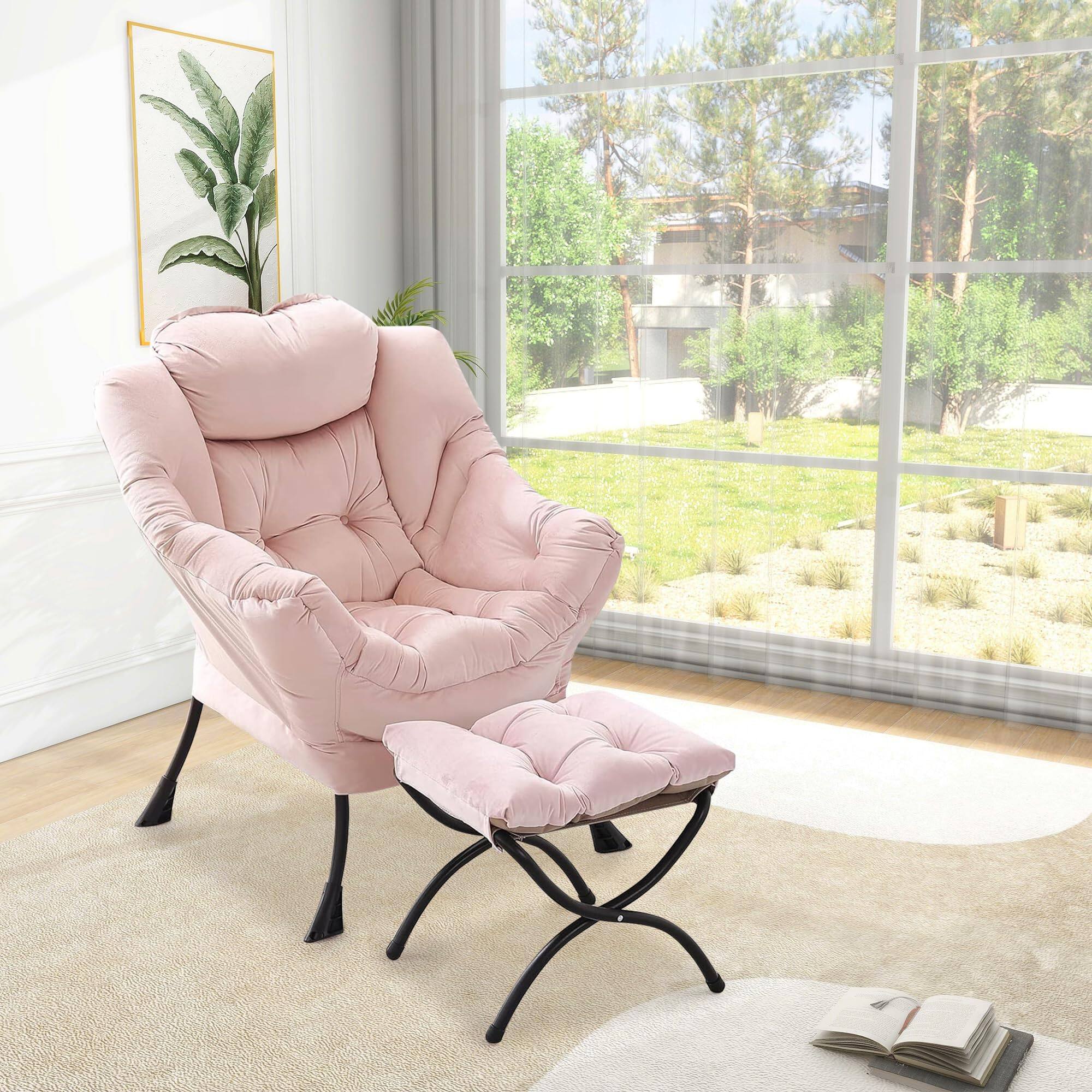 Alt View 4. Babevy - Lazy Chair with Ottoman, Modern Lounge Accent Chair, Leisure Sofa Armchair with Footrest & Side Pocket - Velvet Pink.