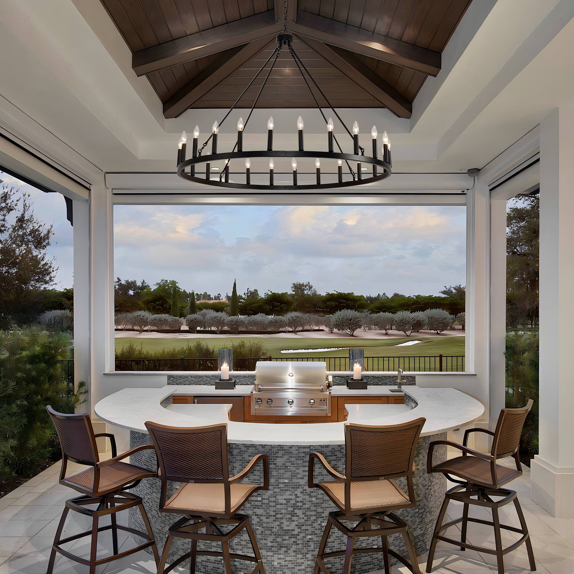 Angle. RYHNUYNE - 48" Farmhouse Wagon Wheel Chandelier 24-Light Round Large Pendant Light Fixture Black Metal Chandelier for Porch Barn - Black.