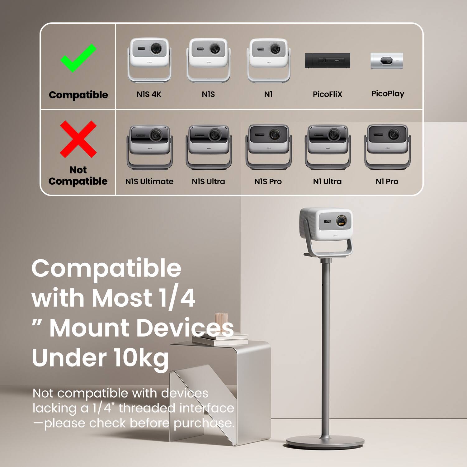 Compatible N1S 4K, N1S, PicoFlix, PicoPlay
Not Compatible N1S Ultimate, N1S Ultra, N1 Pro, N1 Ultra, N1 Pro
Compatible with Most 1/4" Mount Devices Under 10kg
Not compatible with devices lacking a 1/4" threaded interface -please check before purchase.