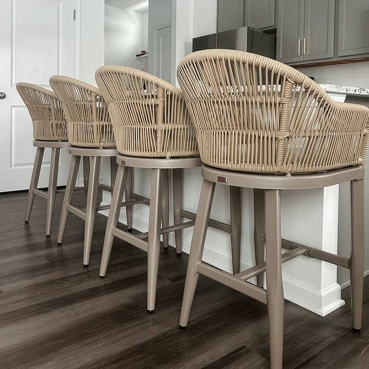 Alt View 2. PURPLE LEAF - Outdoor Counter/Bar Height Stools Rattan Wicker Bar Chairs Set of 2 Woven Aluminum Barstools with Back and Cushions - Champagne-Counter Stool.