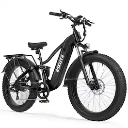 Eskute - 26" Fat Tire Mountain Ebike - 1500W Peak Motor, Up to 80-Mile Range, Full Suspension - Black