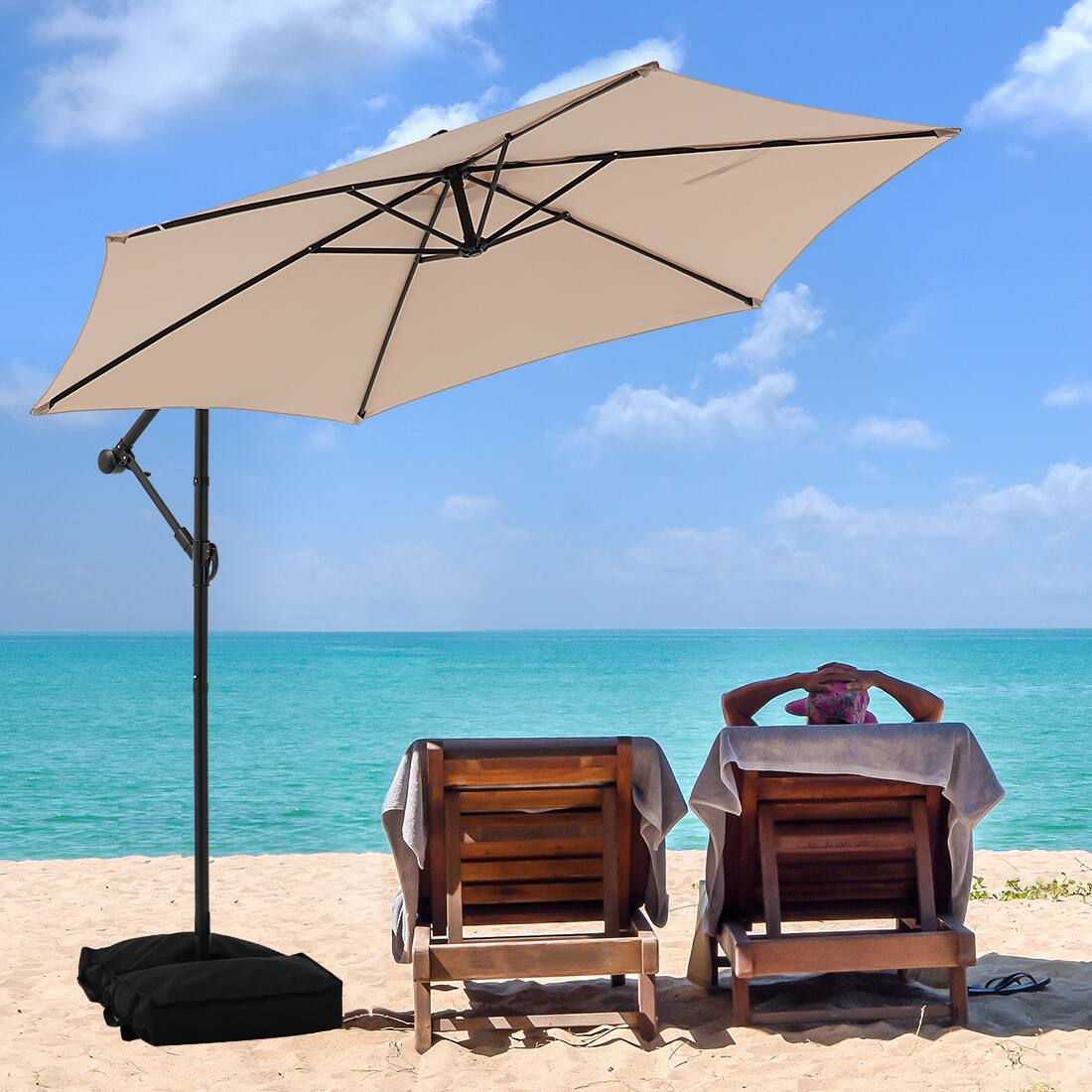 Angle. Ainfox - Ainfox 10FT Outdoor Patio Cantilever Umbrella Hanging Offset with Cross Base & Sand Bags for Market,Backyard - Beige.