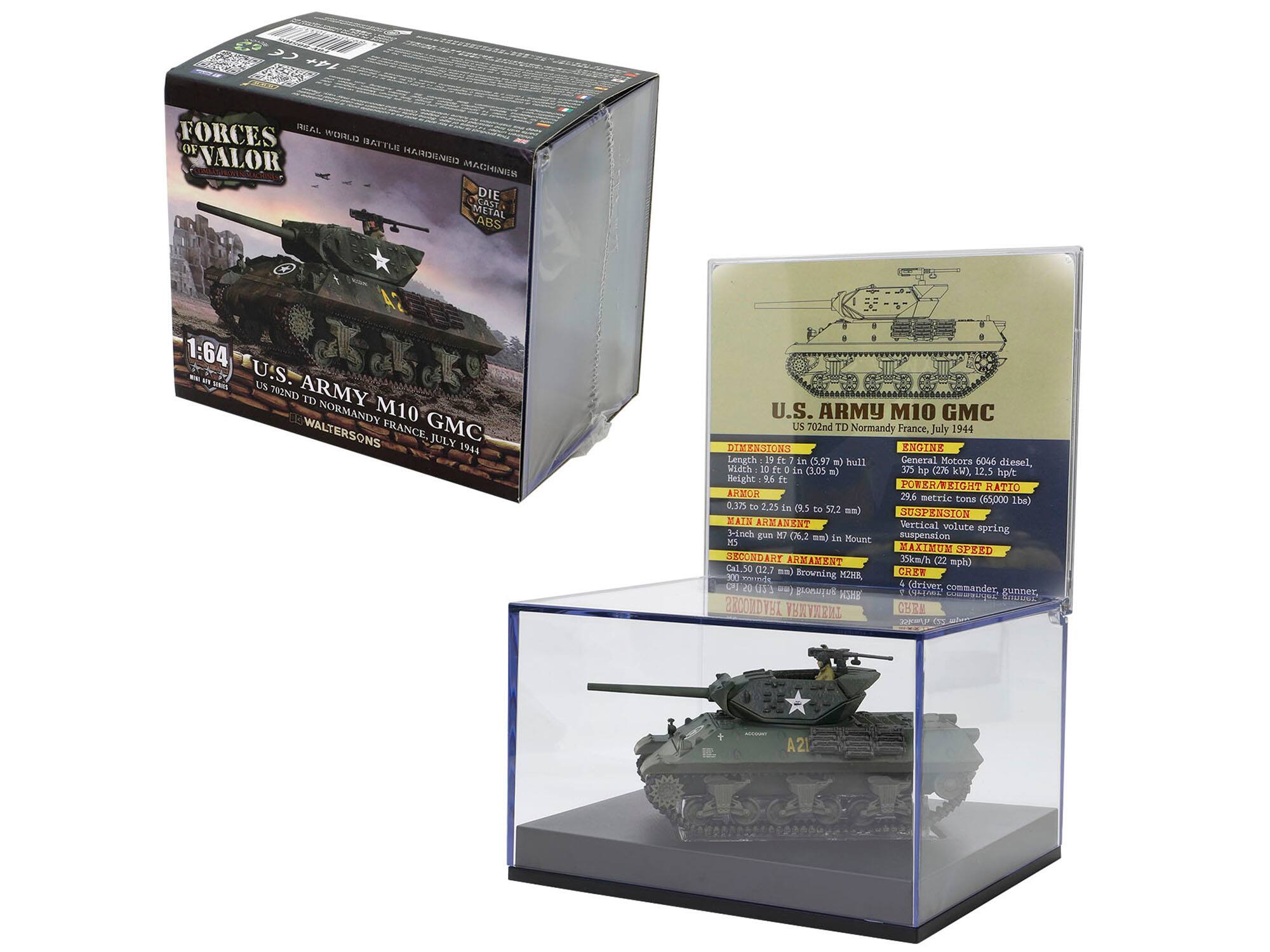 23 ~0 14+ FORCES OF VALOR R MACHINES DIE CAST METAL ABS 1:64 - an SONDA U.S. US PIND ARMY TD NORMANDY M10 WALTERSONS FRANCE GMC JULY 1944 1 U.S. ARMY M10 GMC US 702md TD Normandy France, July 1944 DIMENSIONS KNGINK Length Is de 1 in 0.90 ml hull Ceneral Motors 6046 diesel, MidEN 10 ft in C3.O5 m 375 hp C276 kW), 12.5 hpt Beight .6 TE POTER/BIOHT RATIO R 29.6 netric Coea 55,000 lbs) 0.375 to 2.25 in D.5 to 57.2 mm) EUSPENSION MAIN ARMANENT Vertical volute spring nch gun 17 0.2 =m) suspension M5 in Mount MAXIZUM SPEED SECONDART ARRAZENT 35km/h (22 mph) Cal.50