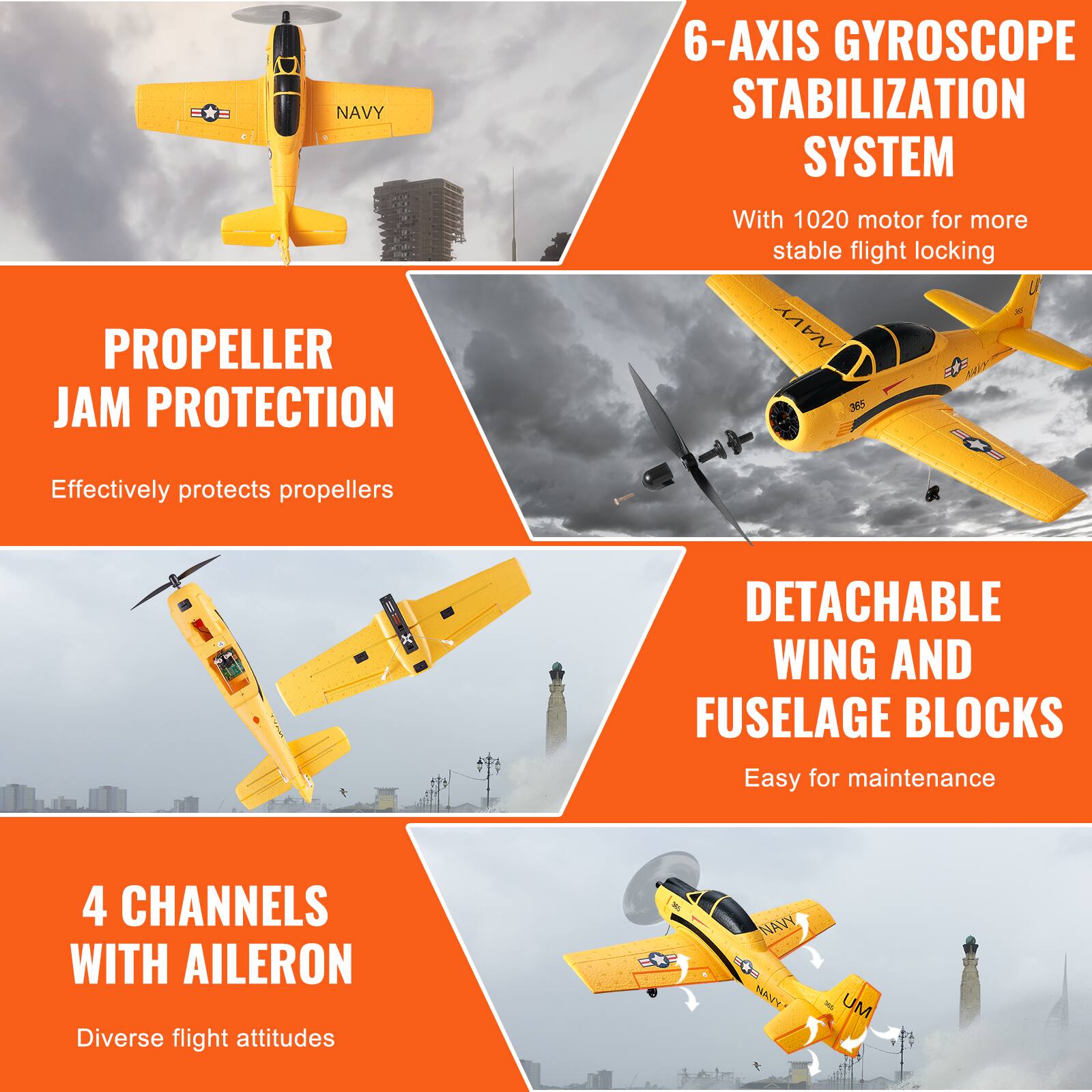 - **6-AXIS GYROSCOPE STABILIZATION SYSTEM**  
  With 1020 motor for more stable flight locking

- **PROPELLER JAM PROTECTION**  
  Effectively protects propellers

- **4 CHANNELS WITH AILERON**  
  Diverse flight attitudes

- **DETACHABLE WING AND FUSELAGE BLOCKS**  
  Easy for maintenance