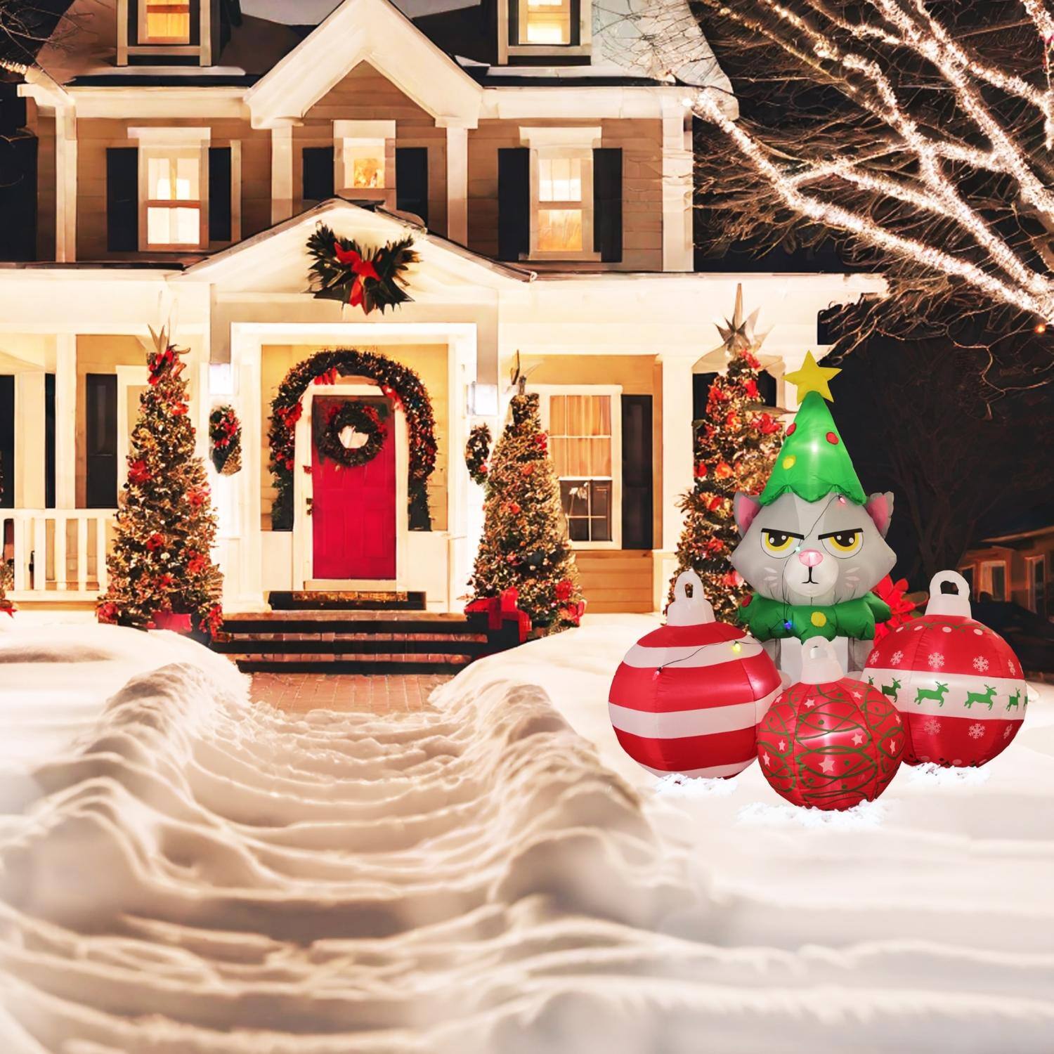 Left. Celebrations - Celebrations Christmas Grumpy Cat with Ornaments and String lights 6 ft. Inflatable - Multicolored.