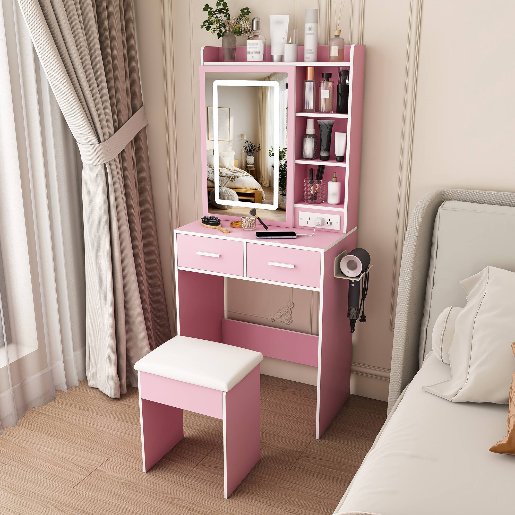 Front. Z-Edge - Makeup Vanity Desk with Mirror, LED Lights, Vanity Table with 2 Drawers, Padded Stool, Shelf, Dressing Table for Bedroom - Pink.