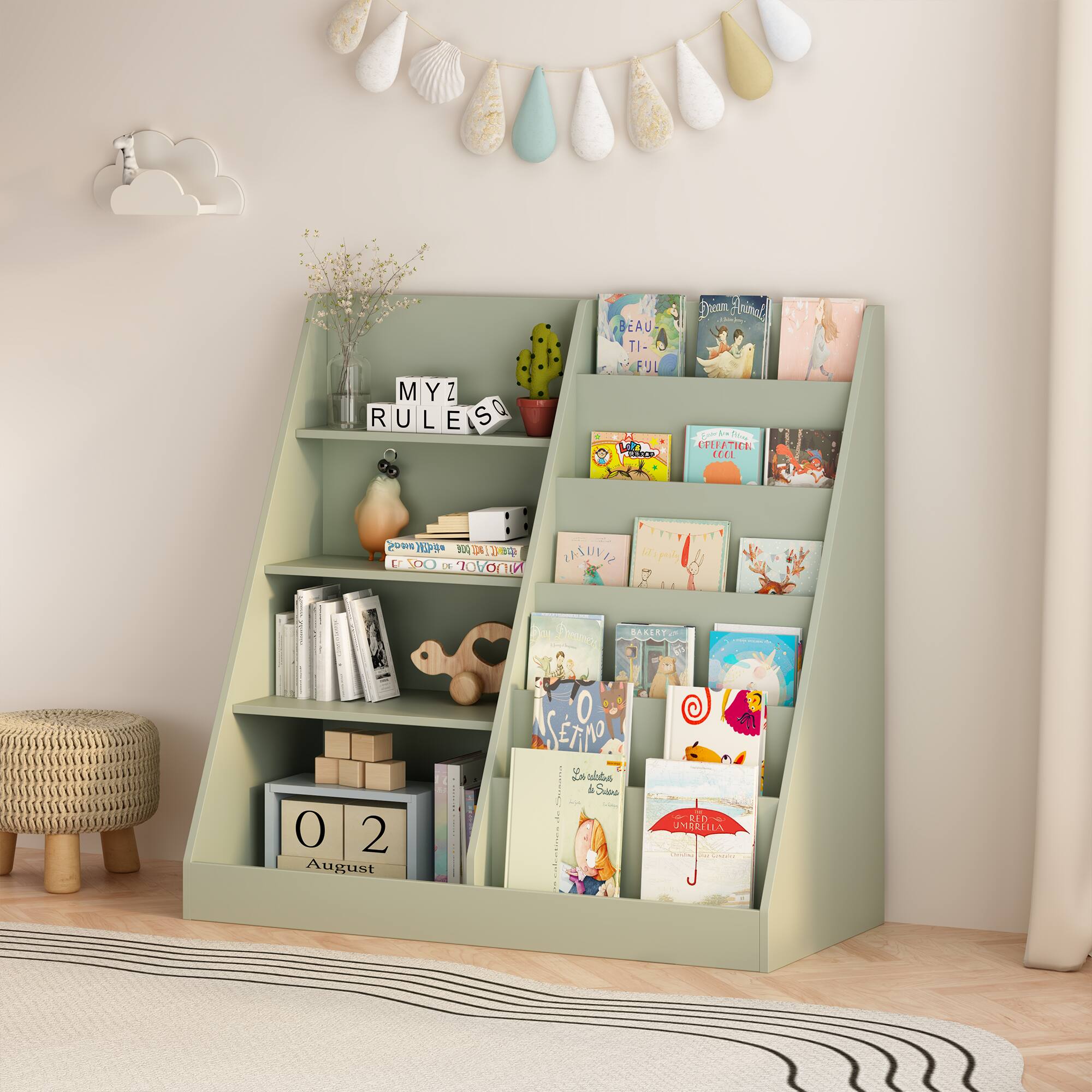 MERAVOM Kids Bookshelf and Toy Storage Organizer, 4 Tier Wooden Kids ...