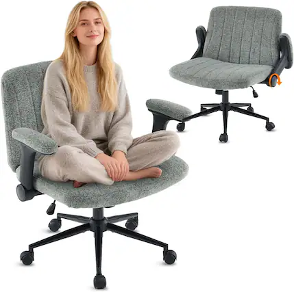 Front. Winado - Chenille Velvet Criss Cross Legged Chair with Adjustable Flip-Up Arms, Wheels for Home Office Desk,Vanity, Apartment - Dark Green.