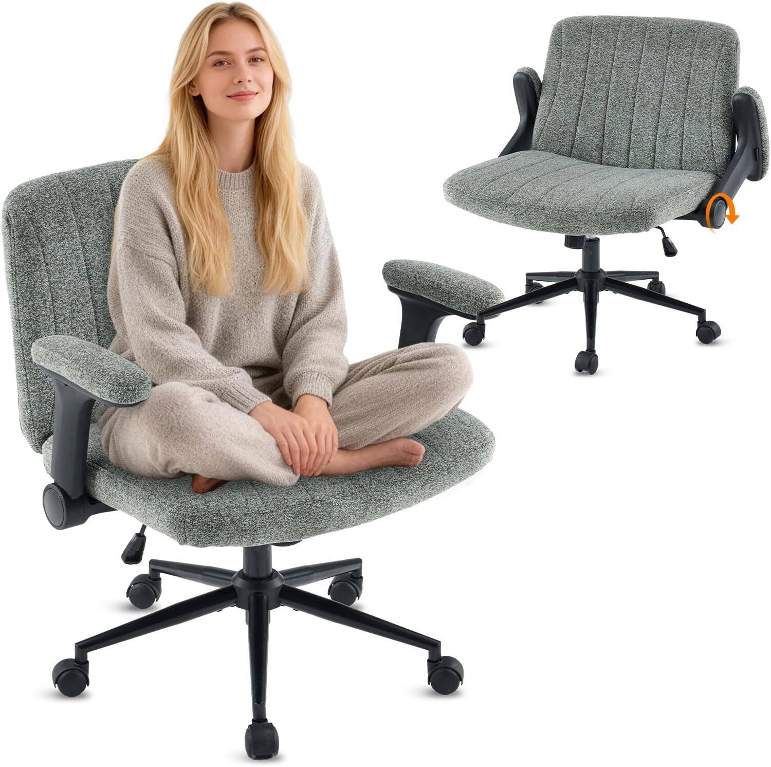 Front. Winado - Chenille Velvet Criss Cross Legged Chair with Adjustable Flip-Up Arms, Wheels for Home Office Desk,Vanity, Apartment - Dark Green.