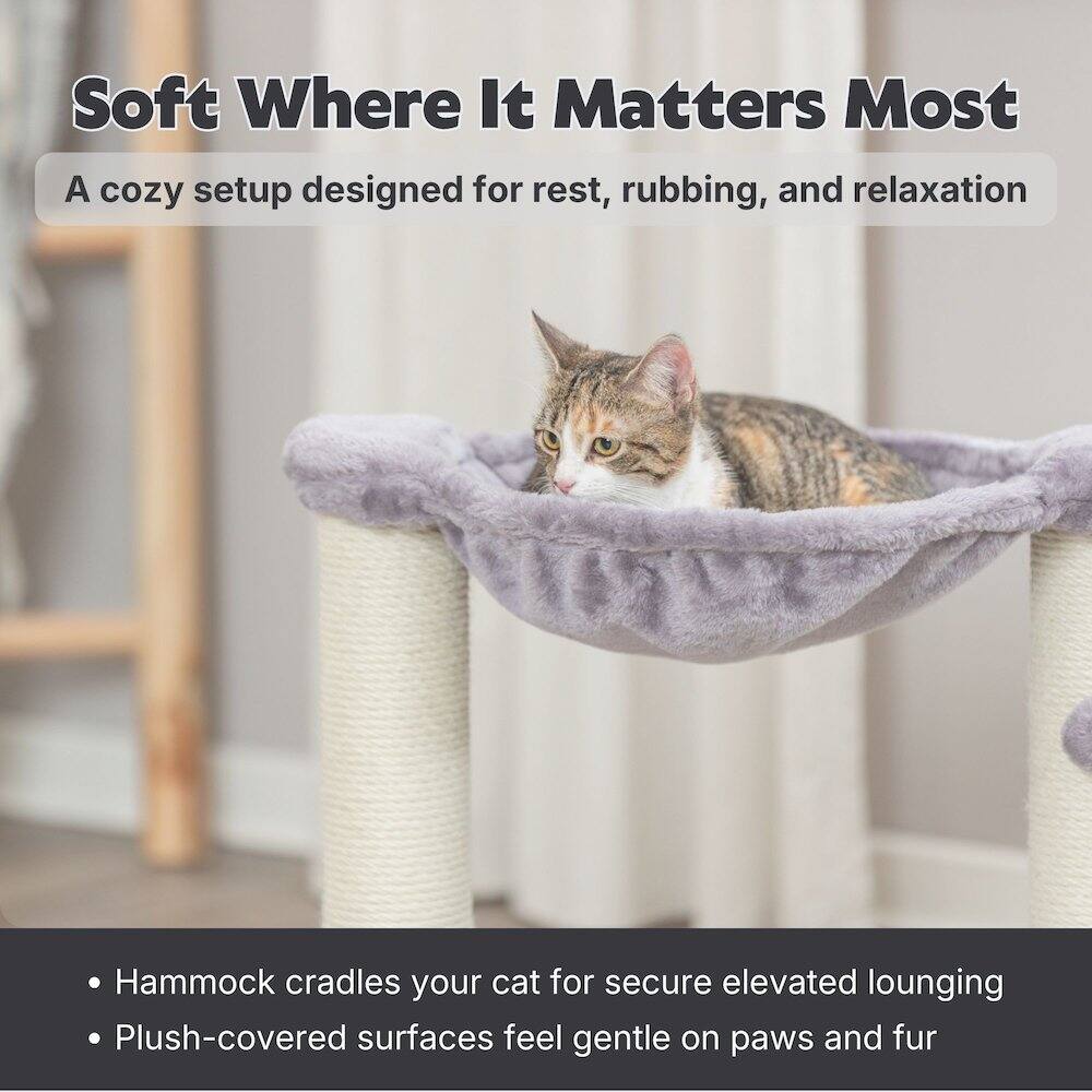 Soft Where It Matters Most  
A cozy setup designed for rest, rubbing, and relaxation  

- Hammock cradles your cat for secure elevated lounging  
- Plush-covered surfaces feel gentle on paws and fur