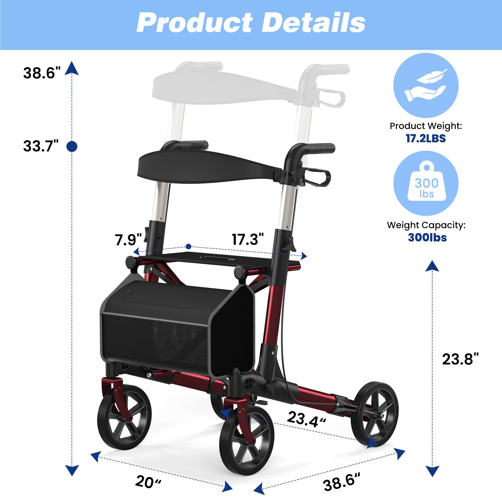 Product Details

- Product Weight: 17.2LBS
- Weight Capacity: 300lbs

Dimensions:
- Height: 38.6"
- Width: 33.7"
- Depth: 23.8"
- Seat Height: 17.3"
- Seat Width: 17.3"
- Seat Depth: 23.4"
- Wheel Diameter: 20"
- Overall Length: 38.6"