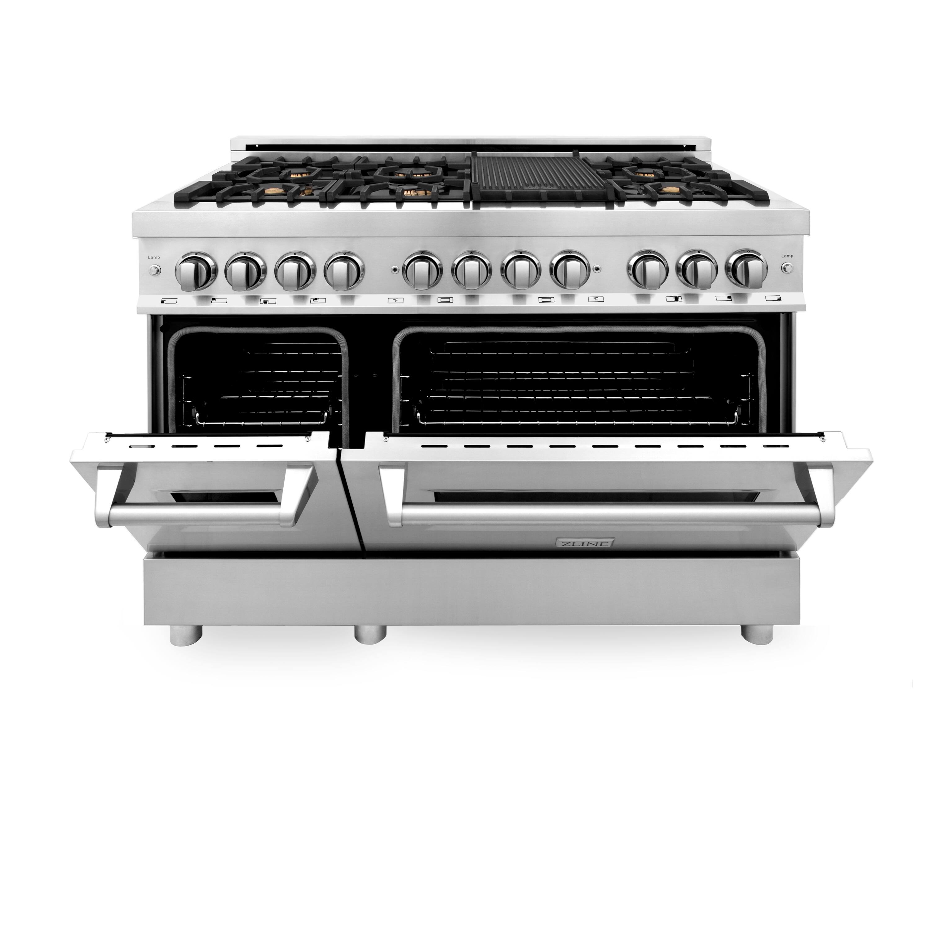 Angle. ZLINE - 48" Legacy Dual Fuel Range w/ Gas Cooktop & 2 Electric Ovens w/ 6 Brass Burners (RA-BR-48) - Stainless steel look.