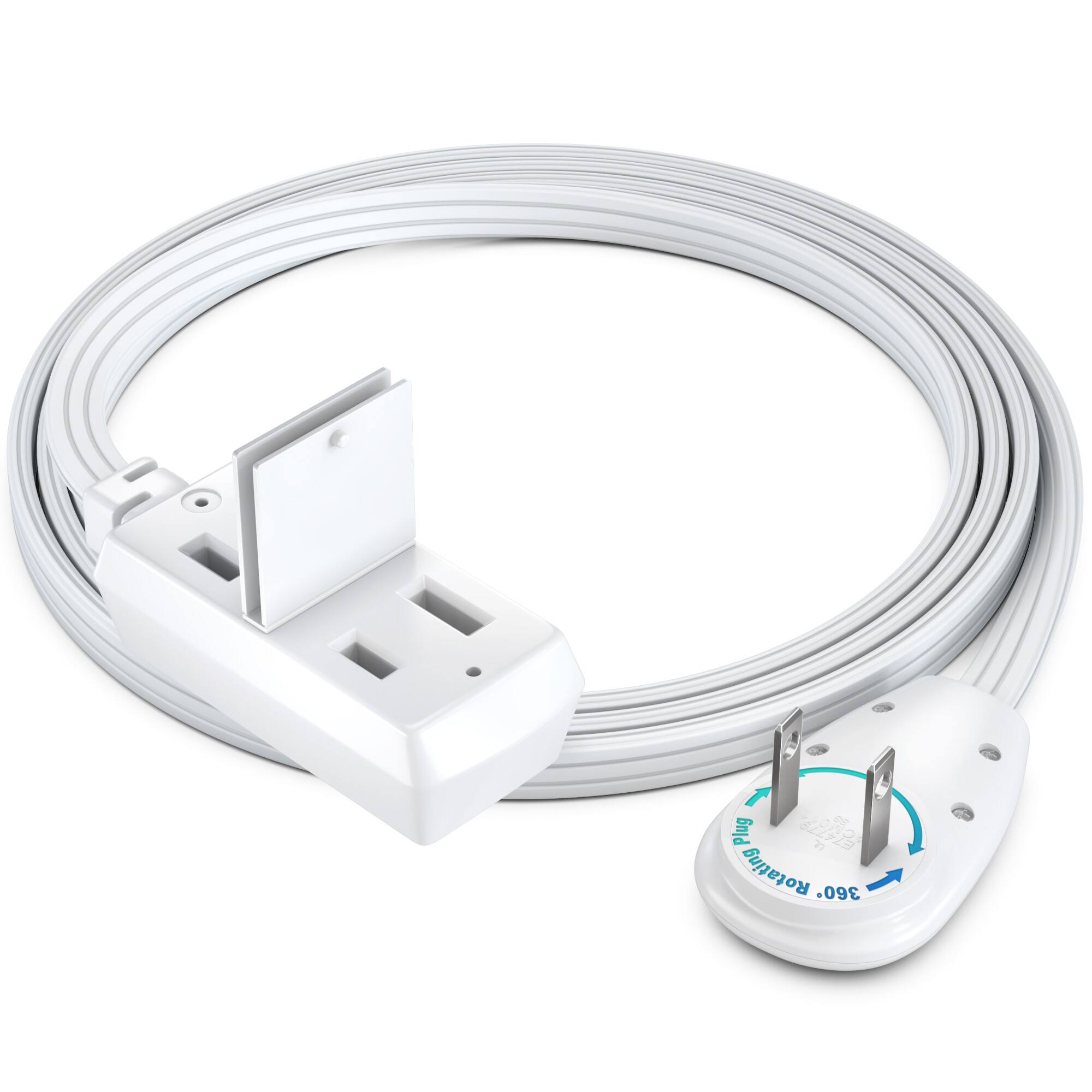 Maximm - 3ft 360° Rotating Flat Plug Extension Cord/Wire, 16 AWG Multi 3 Outlet, 2 Prong with Safety Cover - UL Certified - White