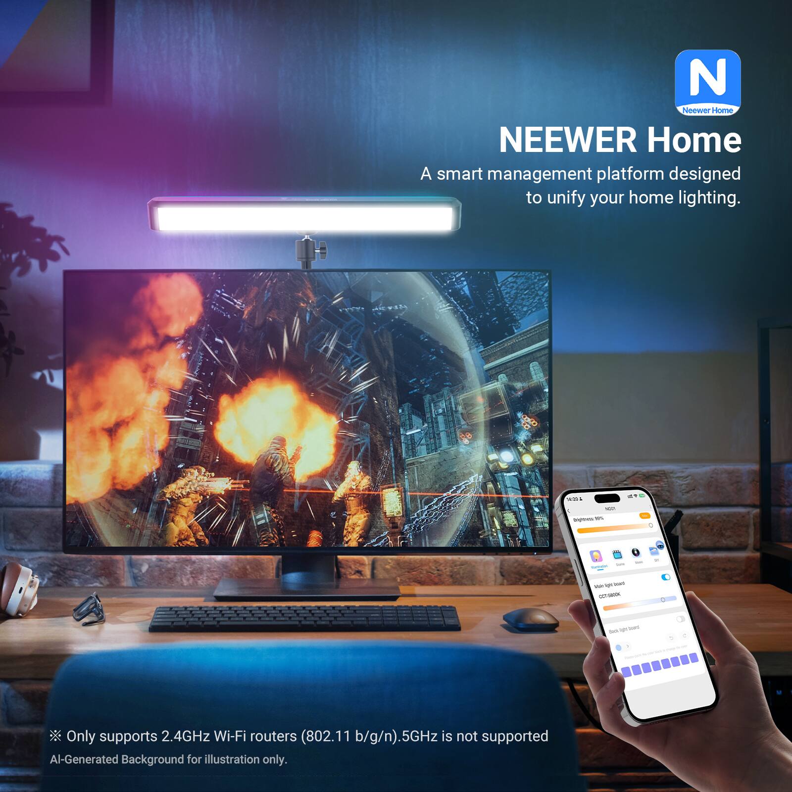 NEEWER Home  
A smart management platform designed to unify your home lighting.  

Only supports 2.4GHz Wi-Fi routers (802.11 b/g/n). 5GHz is not supported  
AI-Generated Background for illustration only.