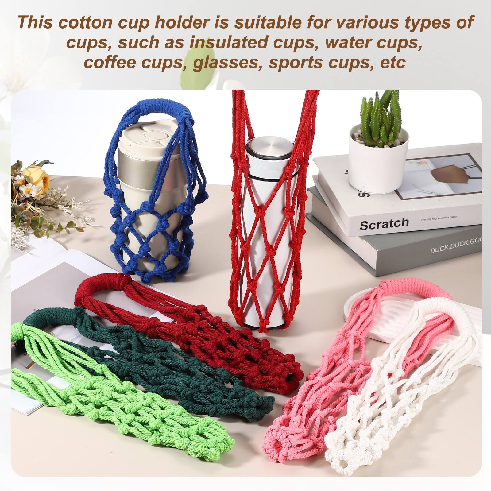 This cotton cup holder is suitable for various types of cups, such as insulated cups, water cups, coffee cups, glasses, sports cups, etc.