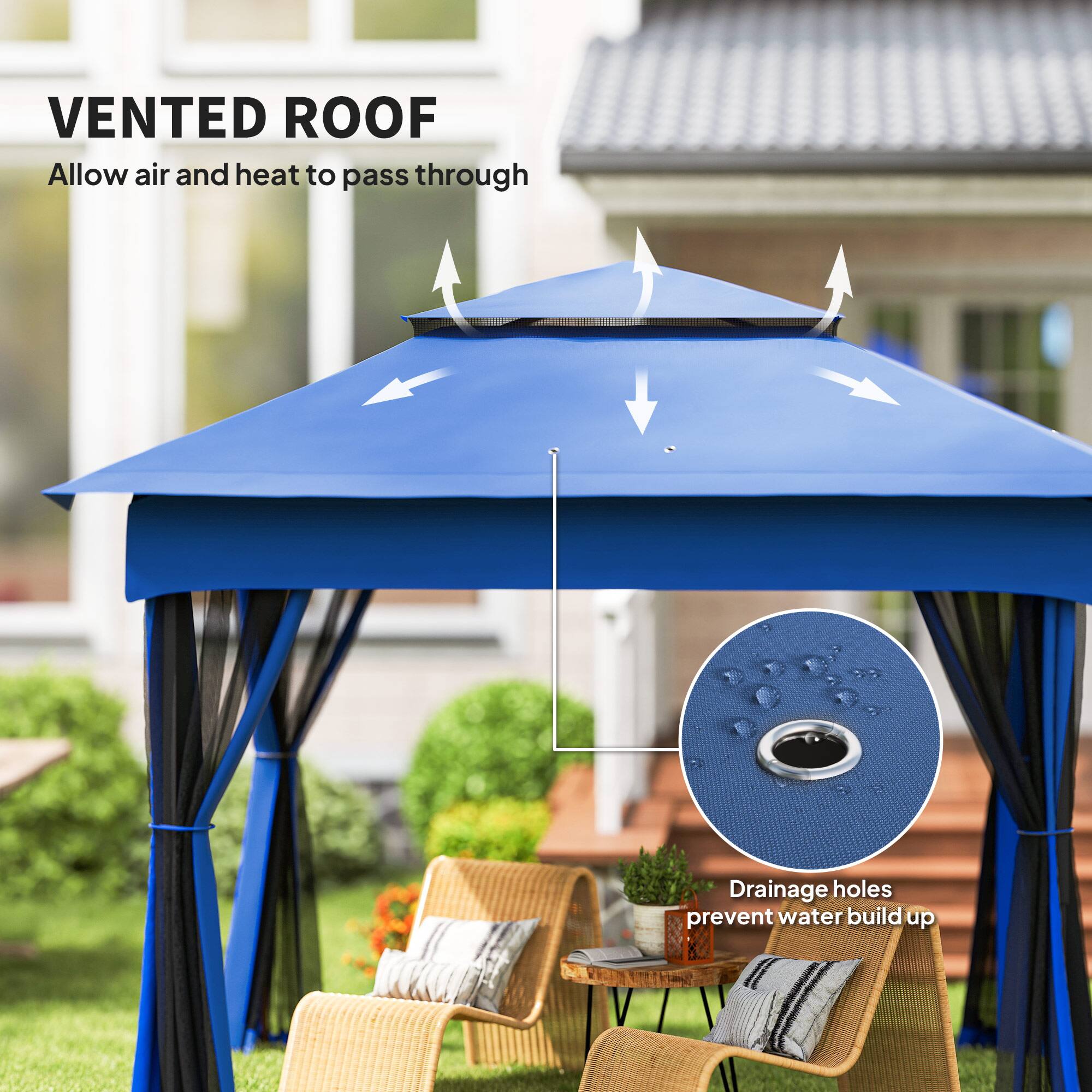 VENTED ROOF  
Allow air and heat to pass through  

Drainage holes prevent water build up