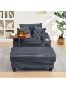 Trinkets Crazed - Corduroy Chaise Lounge Sofa With Ottoman,Single Sofa Chair Bed With Storage Amrest,Cup Holder,180°Rotating Table Board - Dark Gray
