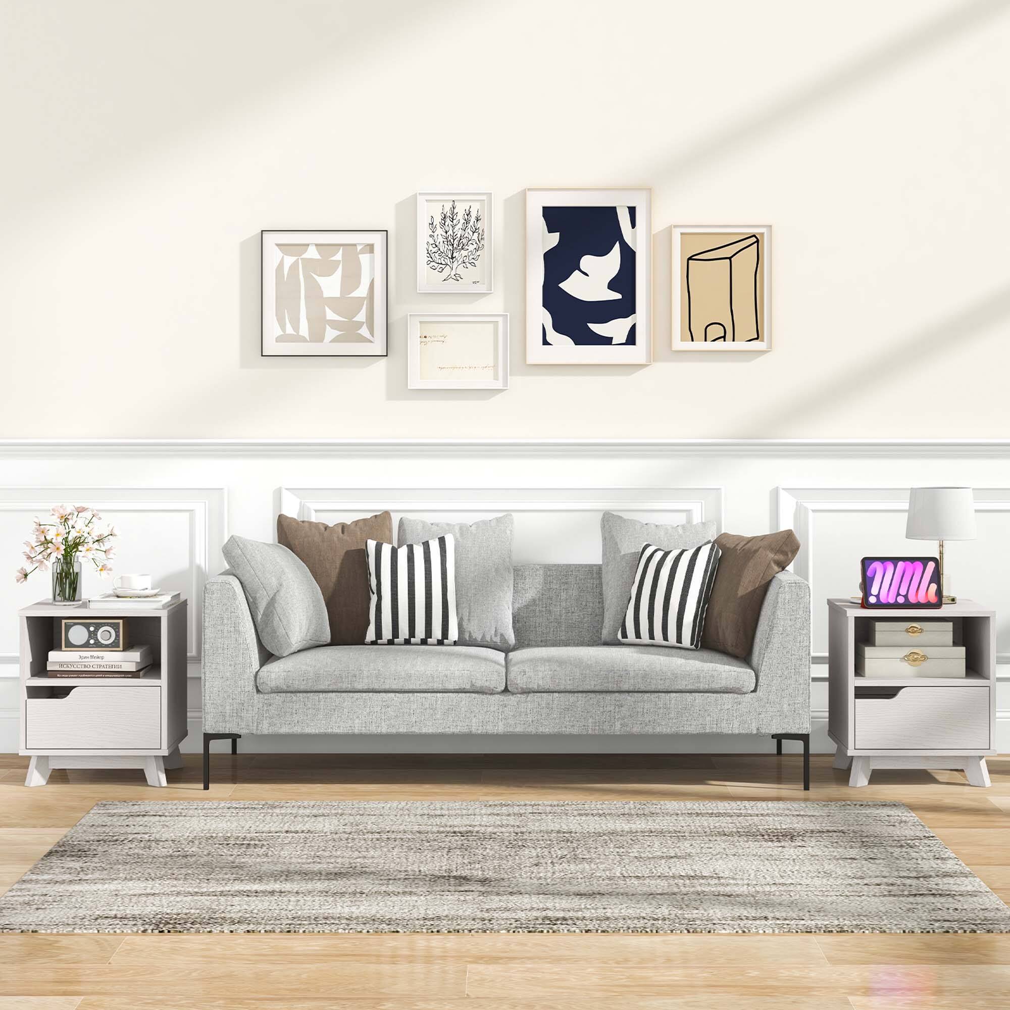 Alt View 11. Costway - 2 PCS Nightstand Set of 2 Sofa Side End Table with Storage Shelf & Drawer Space-Saving - Distressed White.