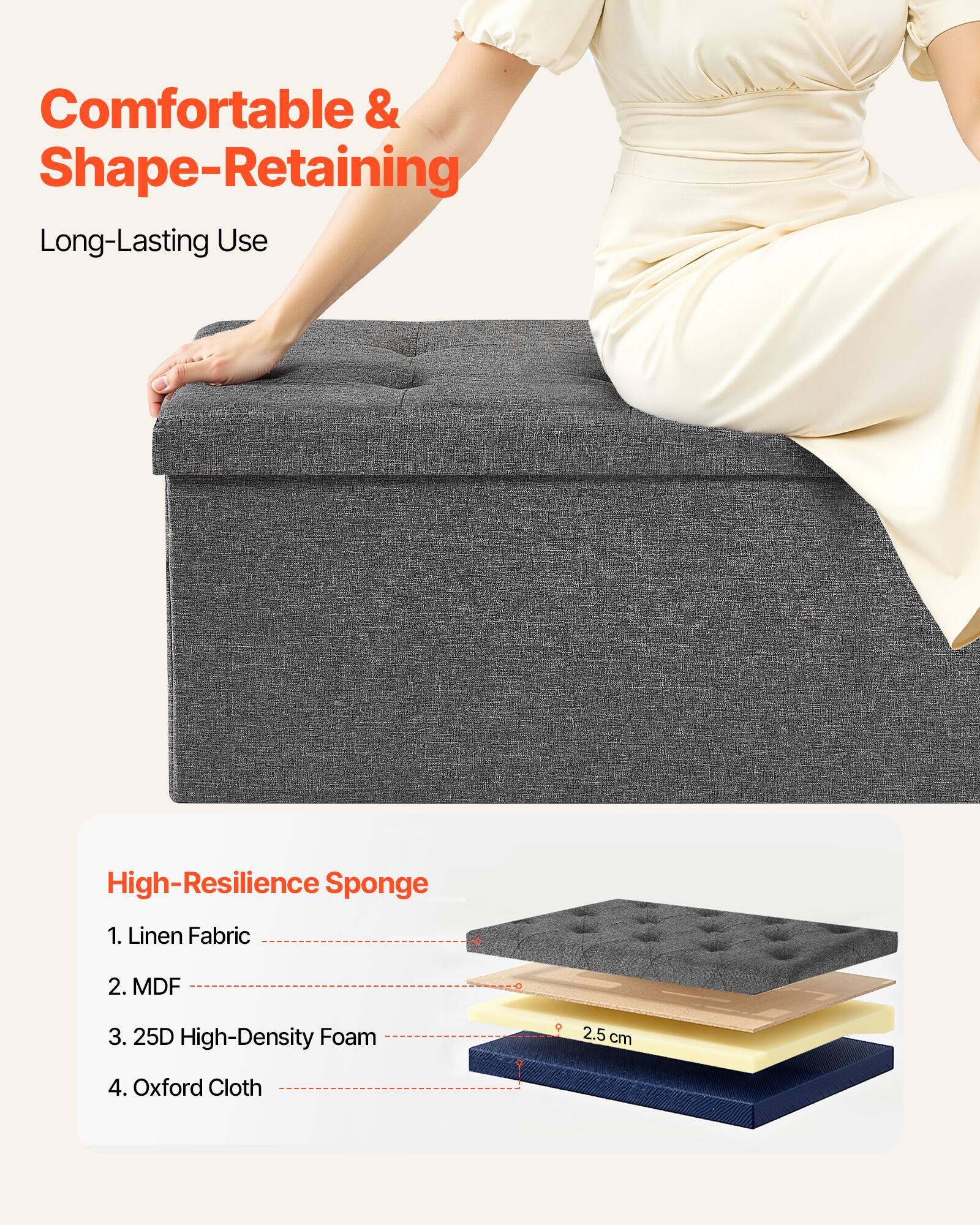 Comfortable & Shape-Retaining  
Long-Lasting Use  

High-Resilience Sponge  
1. Linen Fabric  
2. MDF  
3. 25D High-Density Foam  
4. Oxford Cloth  

2.5 cm