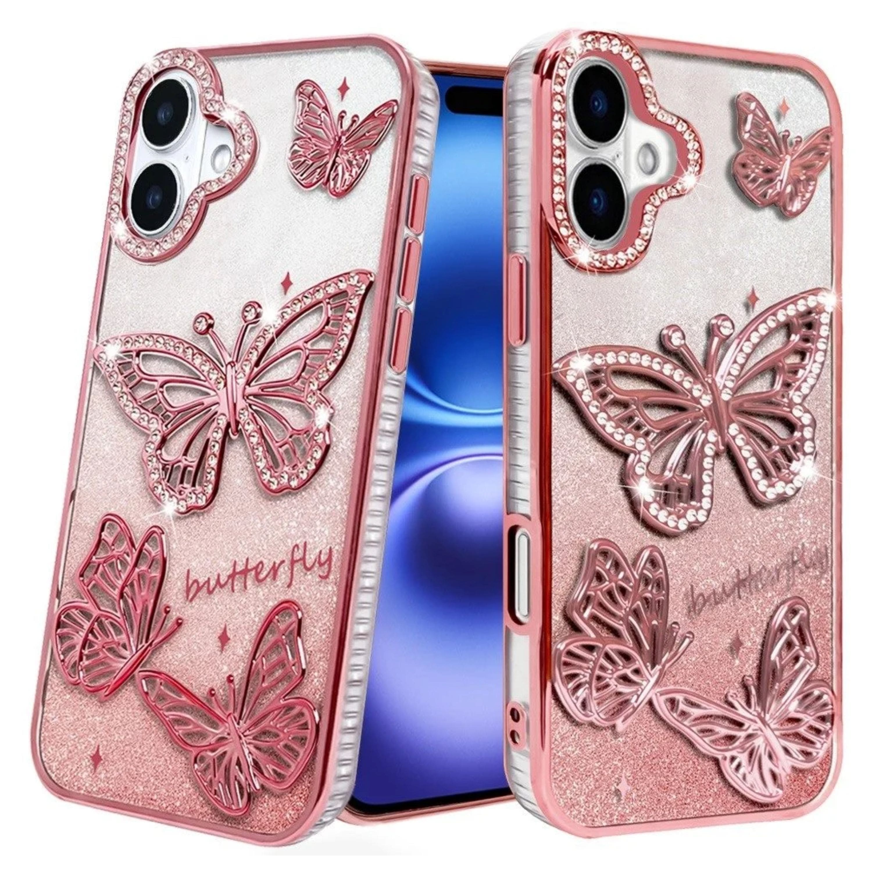 Kitcheniva - Bling Butterflies 3D Glitter Phone Cover Plus Tempered Glass For iPhone 17 - Rose Gold price history on PriceWatchPro