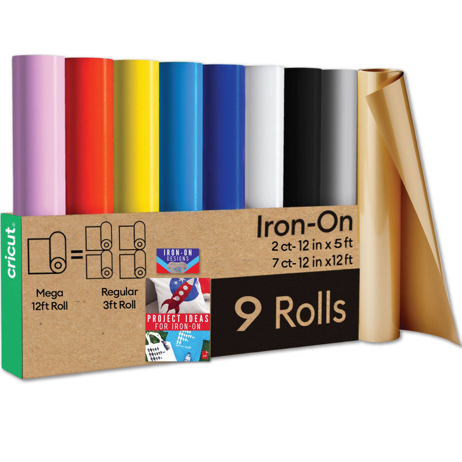e cricut = Mega 12ft Roll IRON-ON ON DESIGNS Regular 3ft Roll PROJECT IDEAS FOR IRON-ON 2ct-12 in x 5ft 7ct-12 in x 12ft 9 Rolls