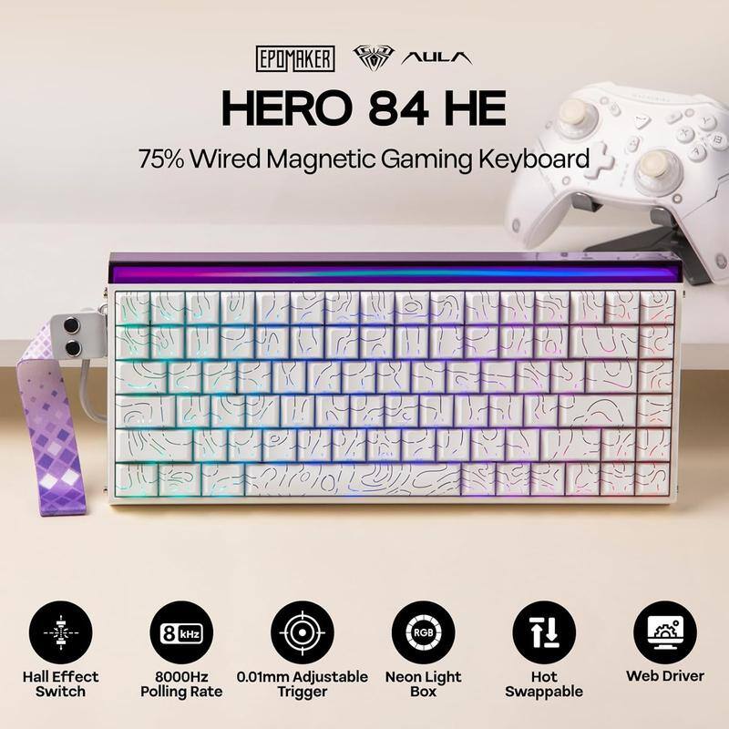 EPOMAKER AULA  
HERO 84 HE  
75% Wired Magnetic Gaming Keyboard  

- Hall Effect Switch  
- 8000Hz Polling Rate  
- 0.01mm Adjustable Trigger  
- RGB Neon Light Box  
- Hot Swappable  
- Web Driver