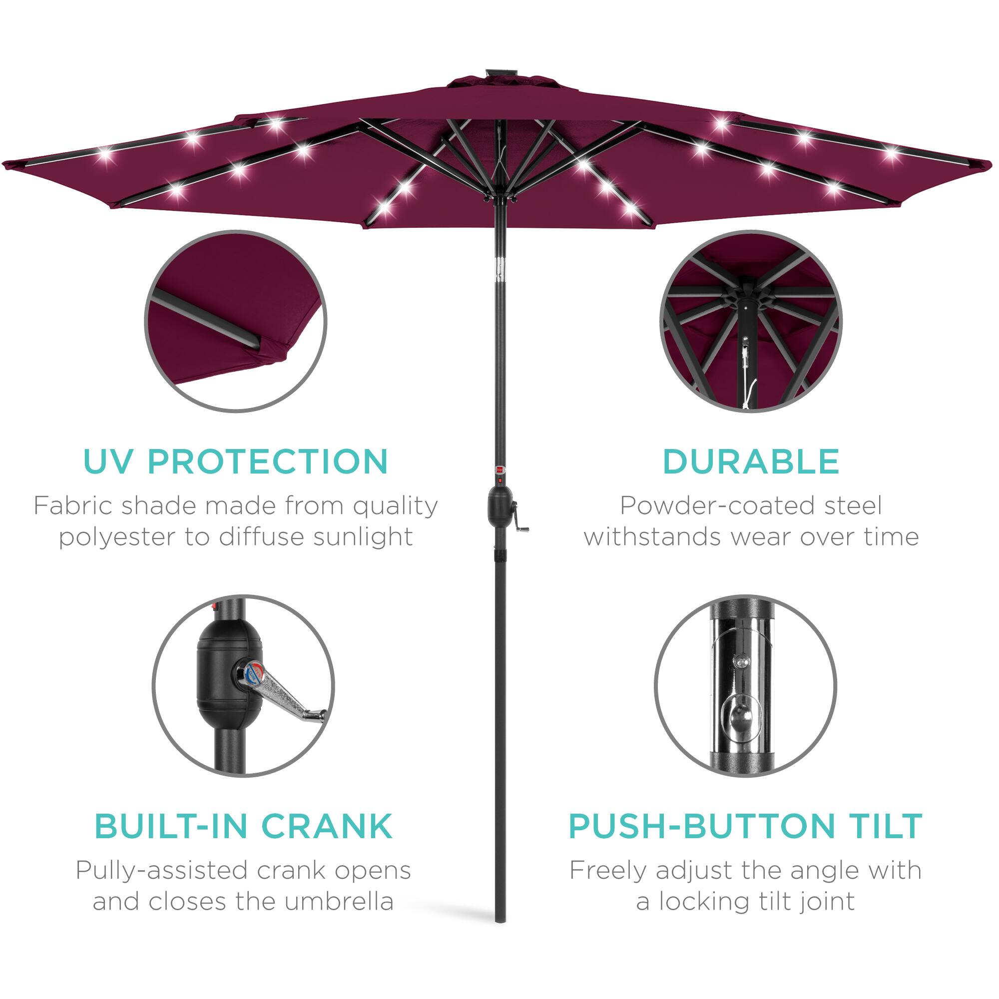 UV Protection: Fabric shade made from quality polyester to diffuse sunlight.

Durable: Powder-coated steel withstands wear over time.

Built-in Crank: Pulley-assisted crank opens and closes the umbrella.

Push-button Tilt: Freely adjust the angle with a locking tilt joint.