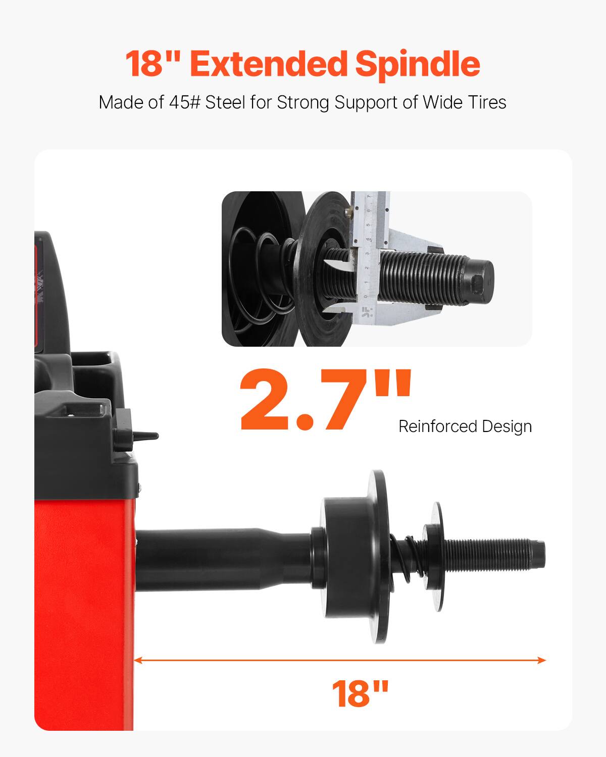 18" Extended Spindle Made of 45# Steel for Strong Support of Wide Tires - 2.7" Reinforced Design