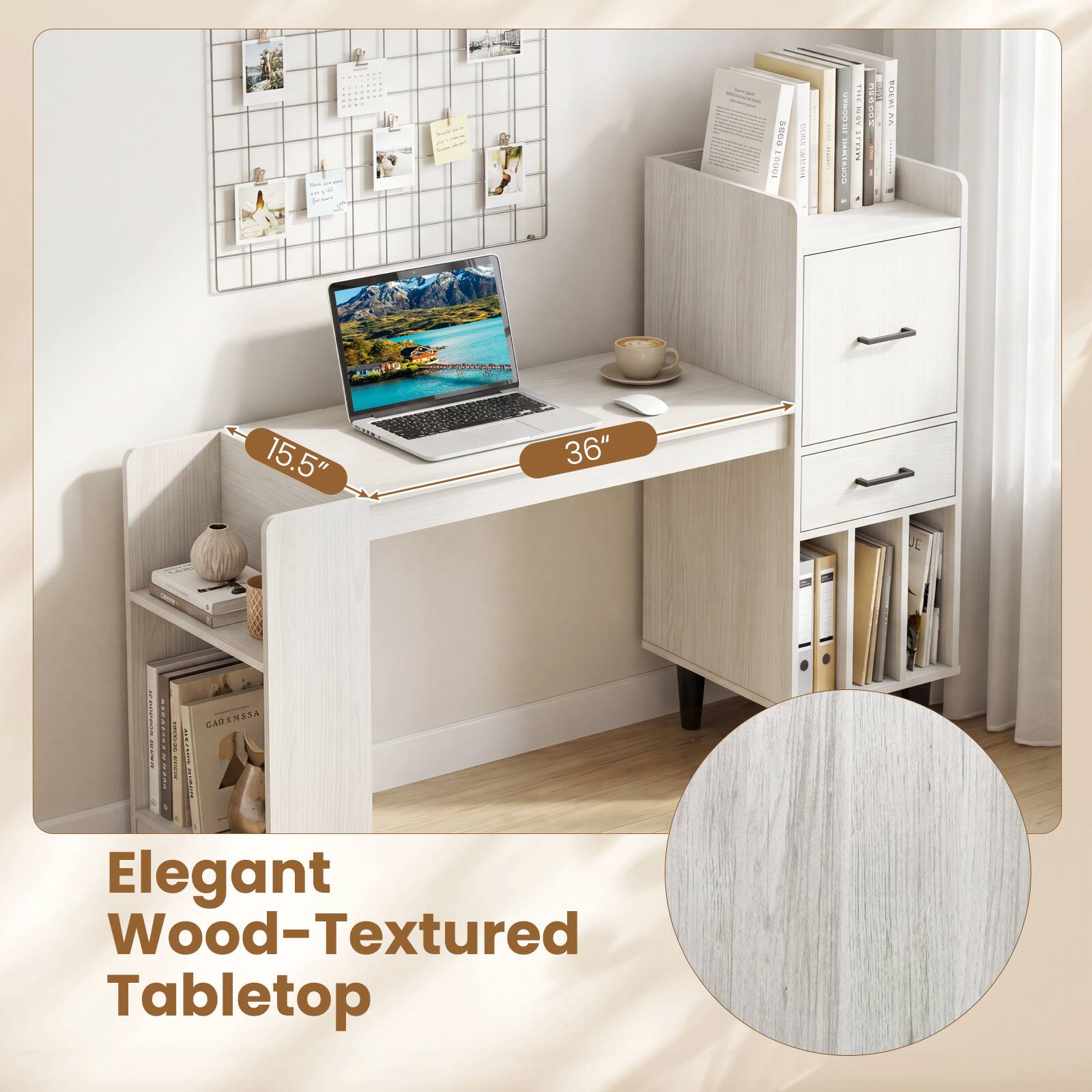 - I - - de i - - | S0e I M ANCHA I ESIUS : I CO. E  STRVNS : I I COO TO0BL : | 15.5" 36" I TORRRER LAUENESA SAD I I I TEARB 88. I - Elegant Wood-Textured Tabletop