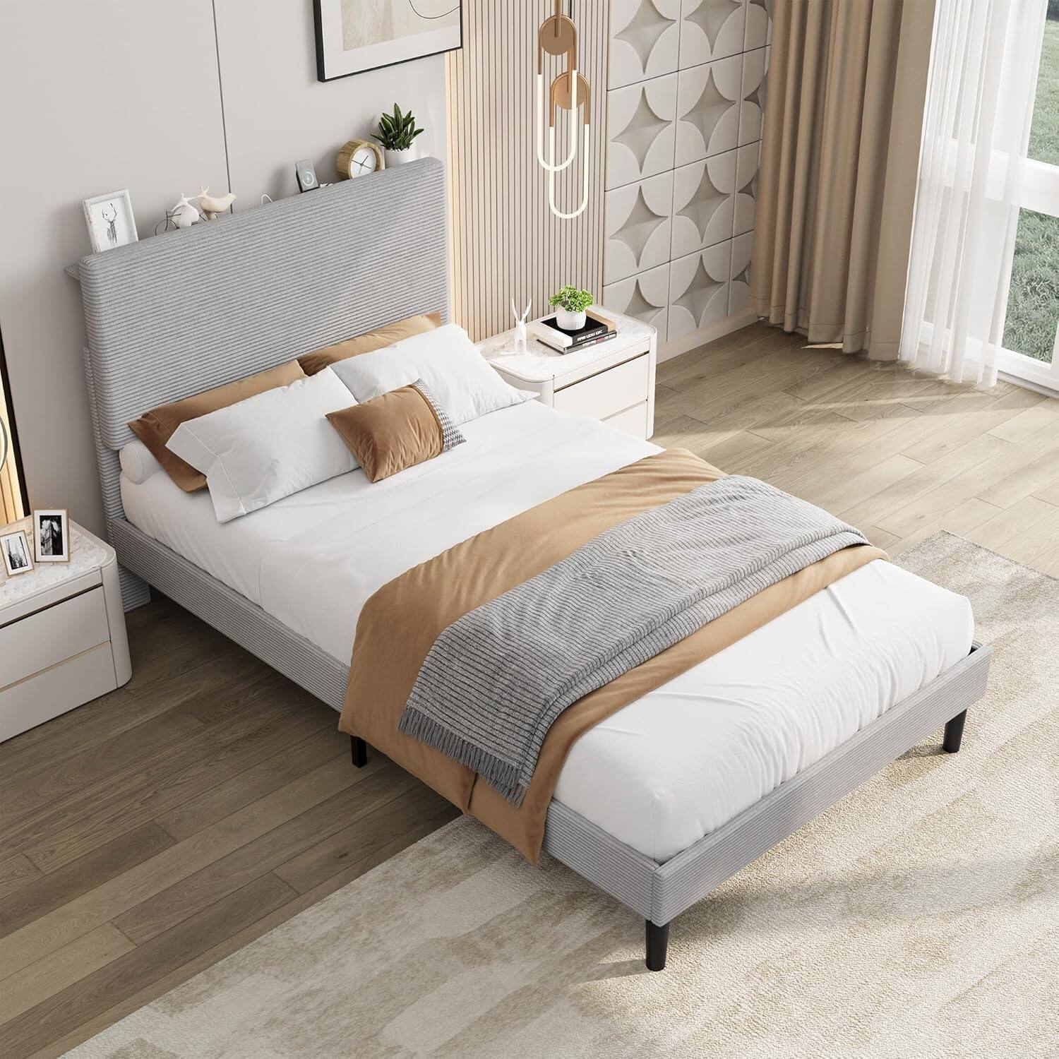 Left. Homhougo - Twin Size Bed Frame with USB Charging Station, Corduroy Upholstered Platform Bed Frame with Adjustable Storage - Grey.