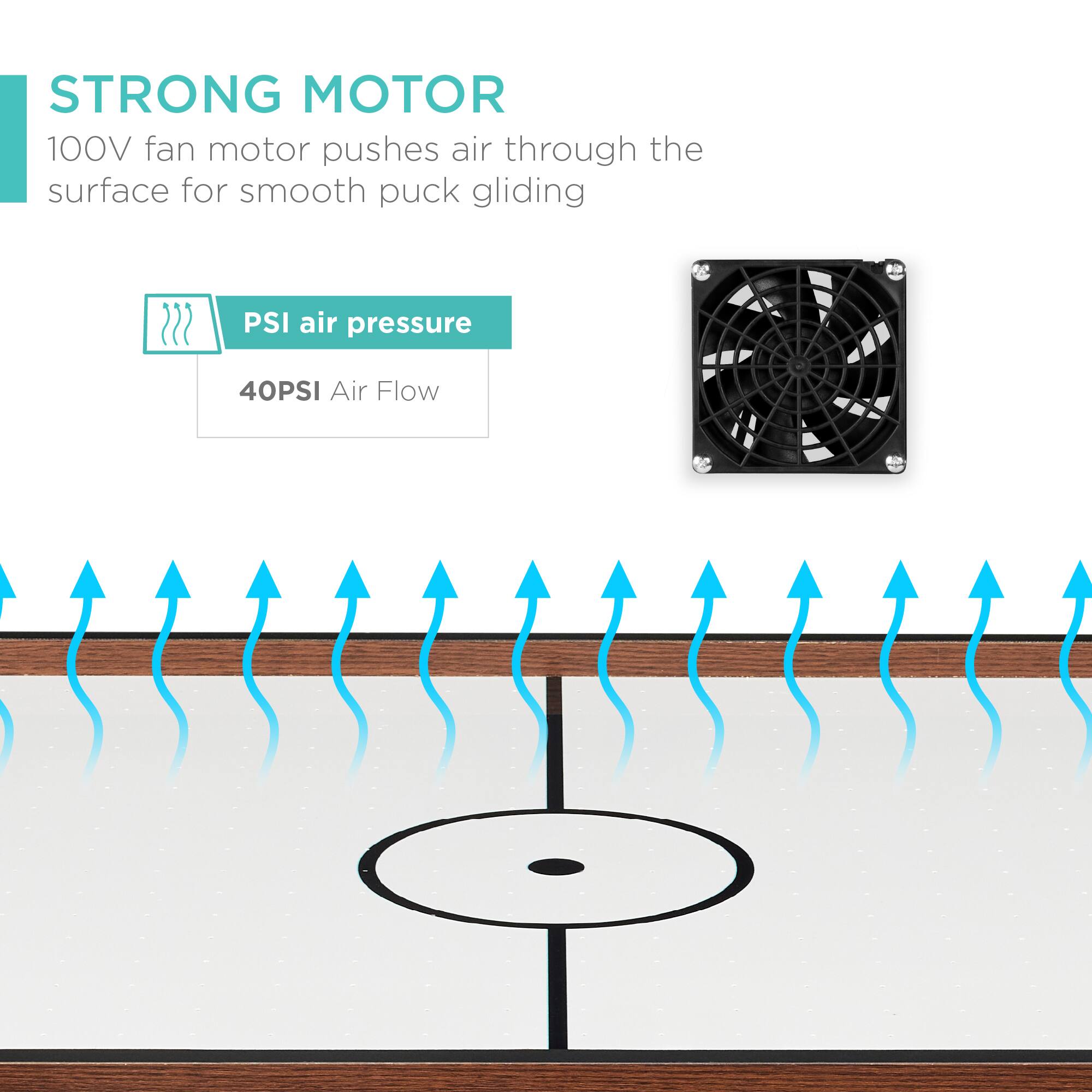 STRONG MOTOR  
100V fan motor pushes air through the surface for smooth puck gliding  

PSI air pressure  
40PSI Air Flow