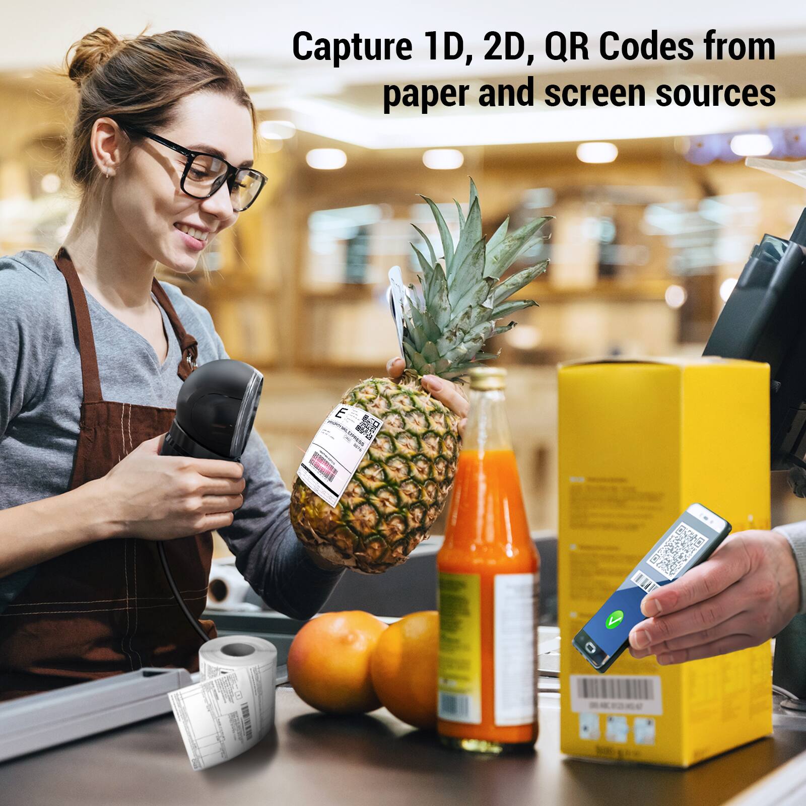 Capture 1D, 2D, QR Codes from paper and screen sources