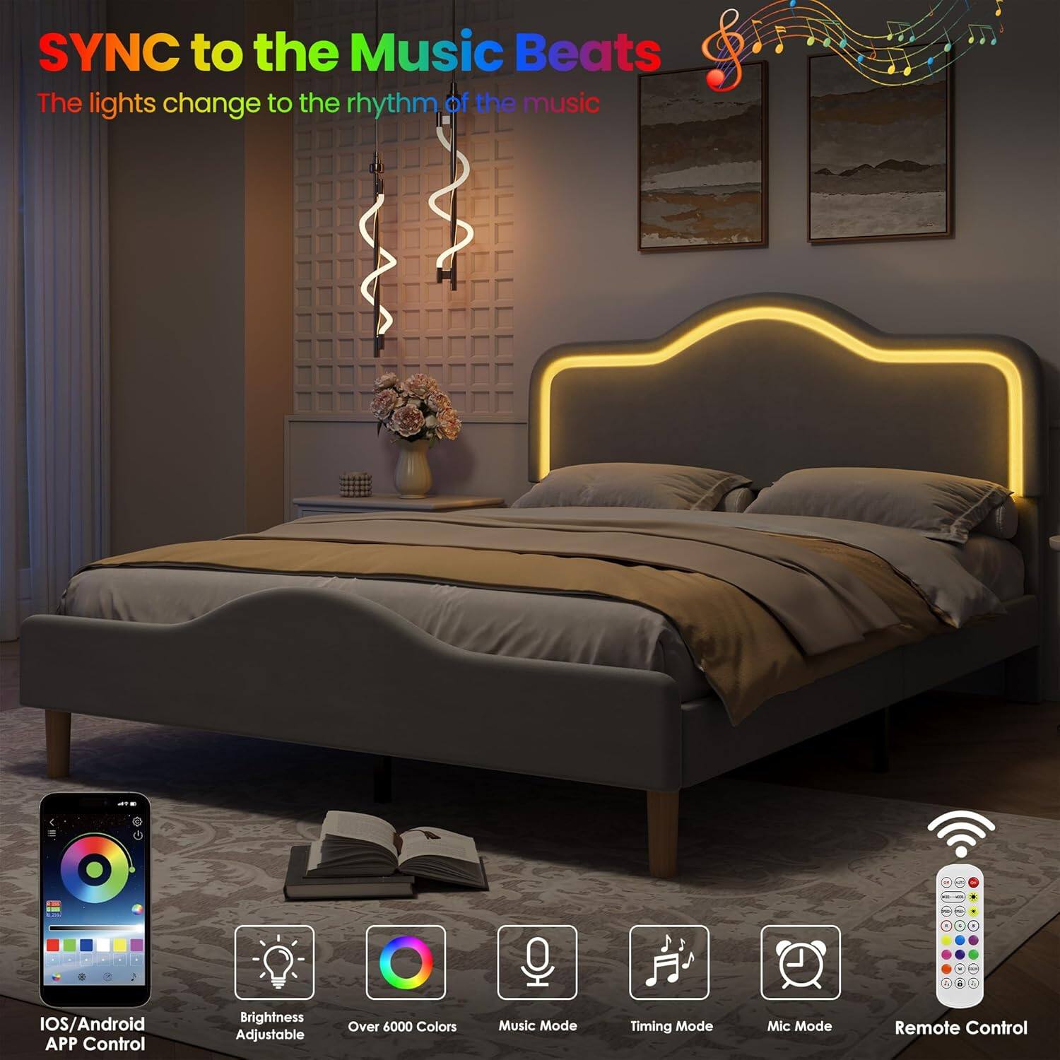 SYNC to the Music Beats  
The lights change to the rhythm of the music  

- IOS/Android APP Control  
- Brightness Adjustable  
- Over 6000 Colors  
- Music Mode  
- Timing Mode  
- Mic Mode  
- Remote Control