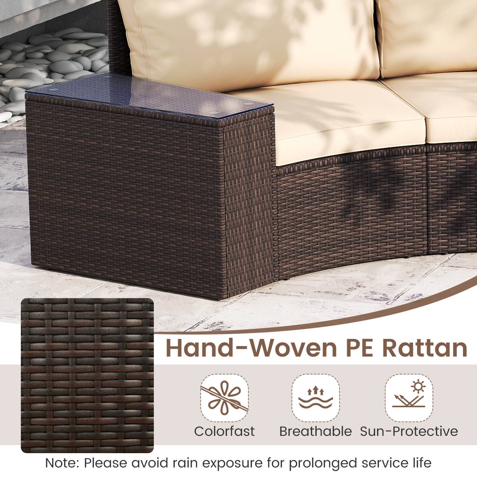 Hand-Woven PE Rattan is a type of outdoor furniture made from woven materials, such as rattan or wicker. It is designed to be colorfast, breathable, and sun-protective, making it suitable for outdoor use in various weather conditions. However, it is important to avoid prolonged exposure to rain to ensure the durability and longevity of the furniture.