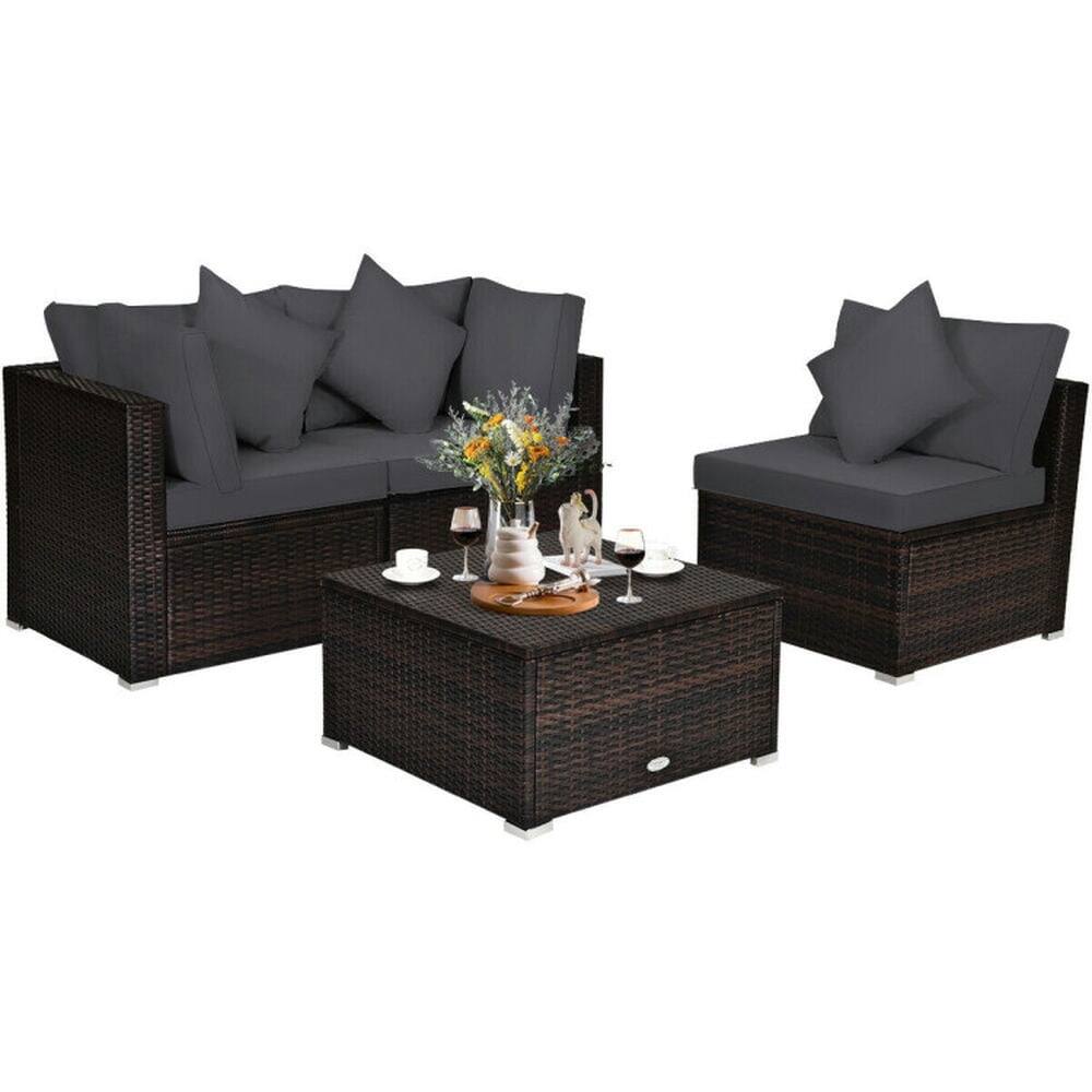 Alt View 4. Pefilos - 4 Pieces Patio PE Rattan Wicker Furniture Set with 2 Corner Sofas, Cushioned Sofa Furniture Set - Black.