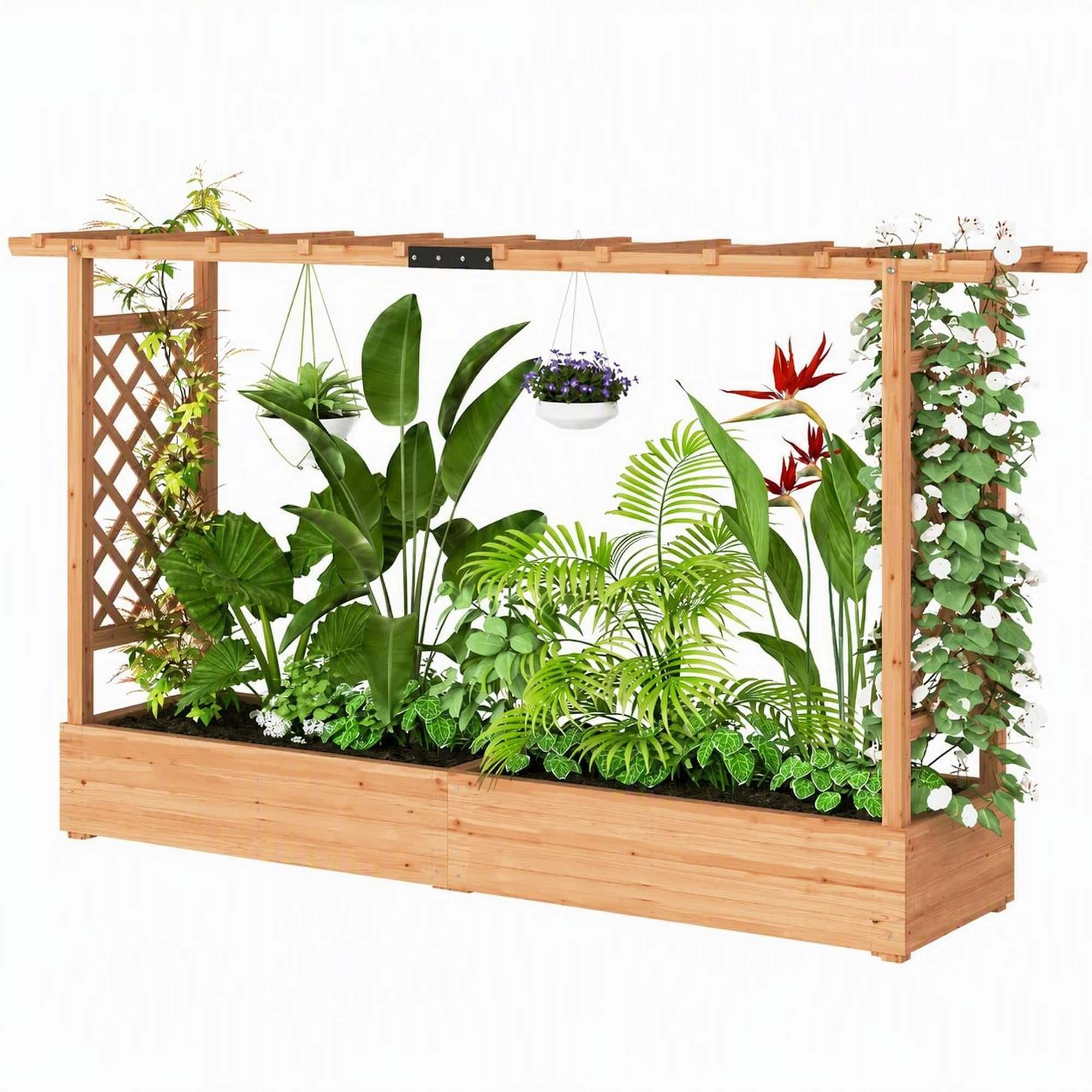 RYHNUYNE - Wooden Raised Garden Bed with Arched Trellis, Fir Wood Planter Box for Climbing Plants, Large 68.9x15.4 Inch - Natural Wood