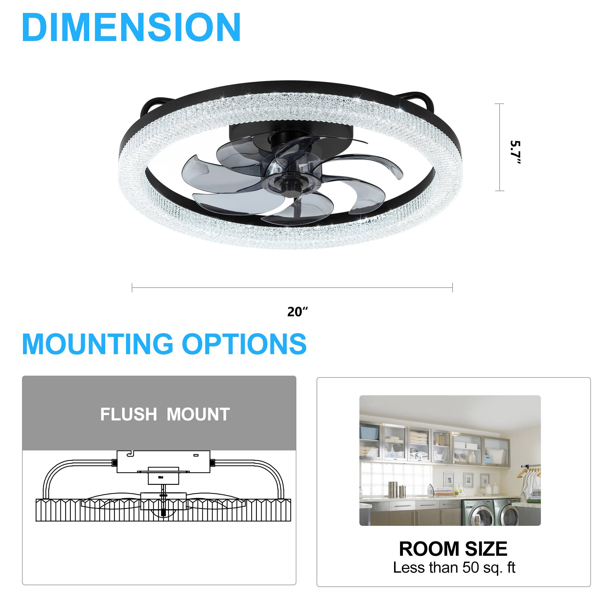 DIMENSION 5.7" 20" MOUNTING OPTIONS FLUSH MOUNT ROOM SIZE Less than 50 sq. ft