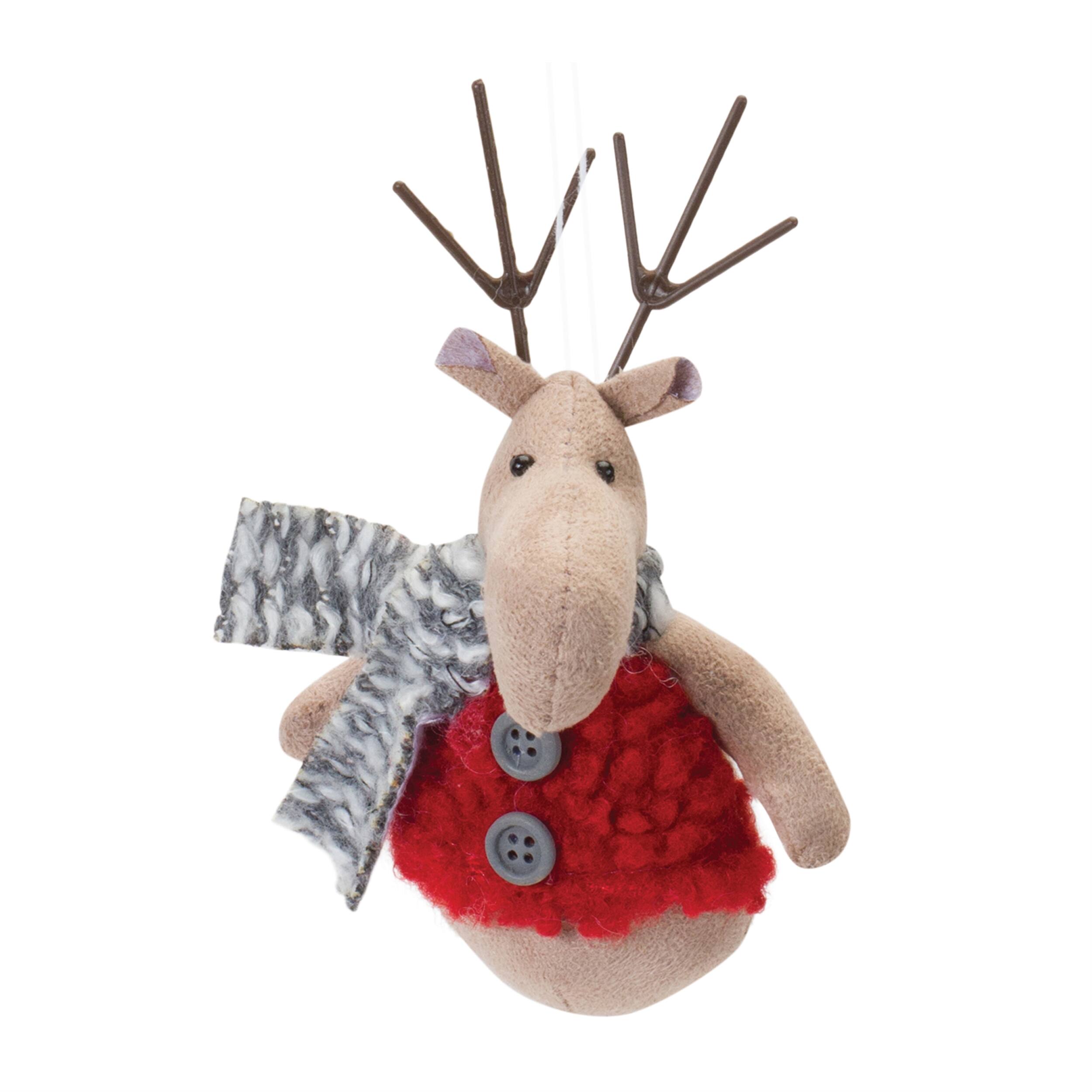 Angle. BreeBe - Plush Deer with Sweater Ornament (Set of 12) - Grey, Red.