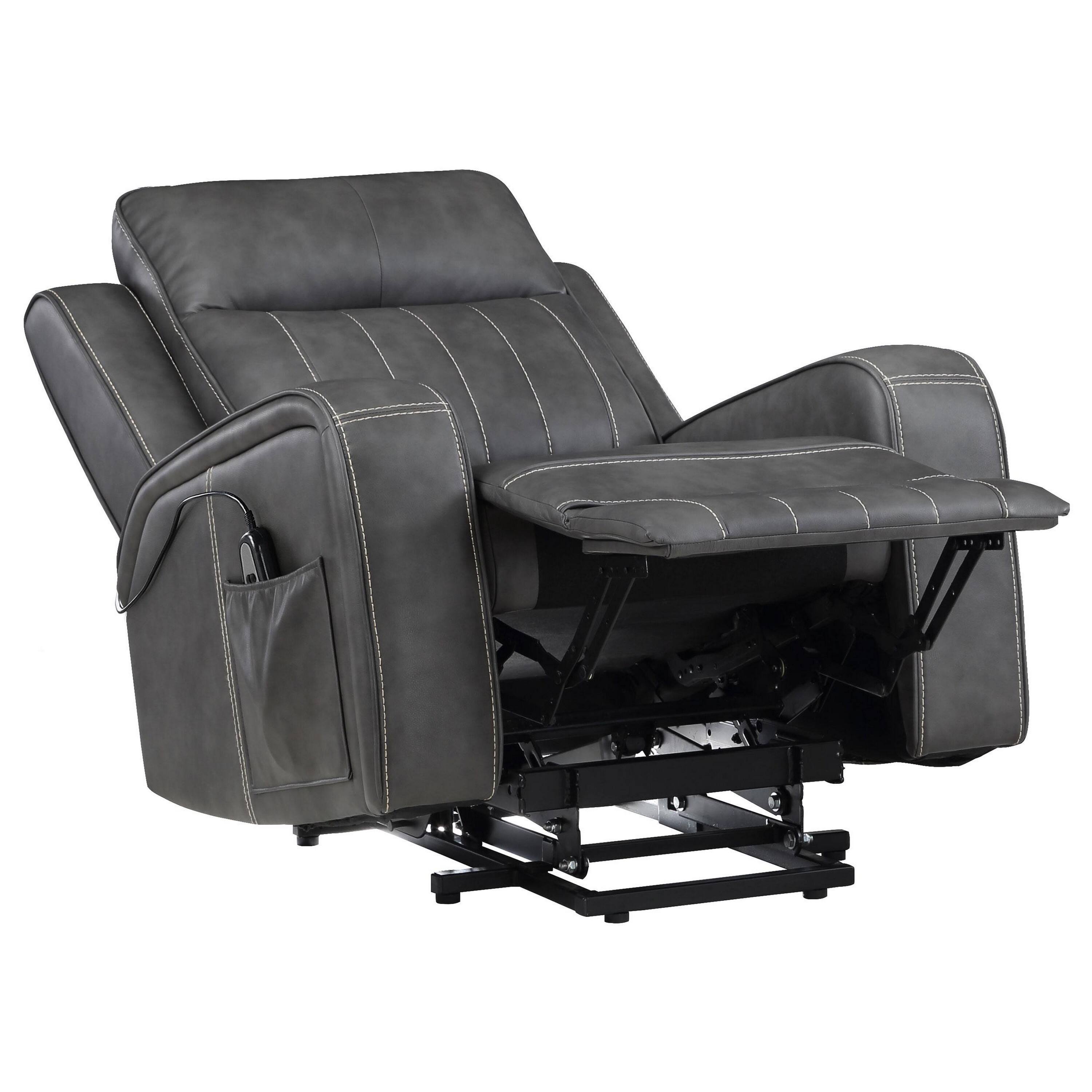 Back. Manhattan Lane - Josen Power Recliner Chair, 36 Inch  Faux Leather, Track Armrests - Gray.