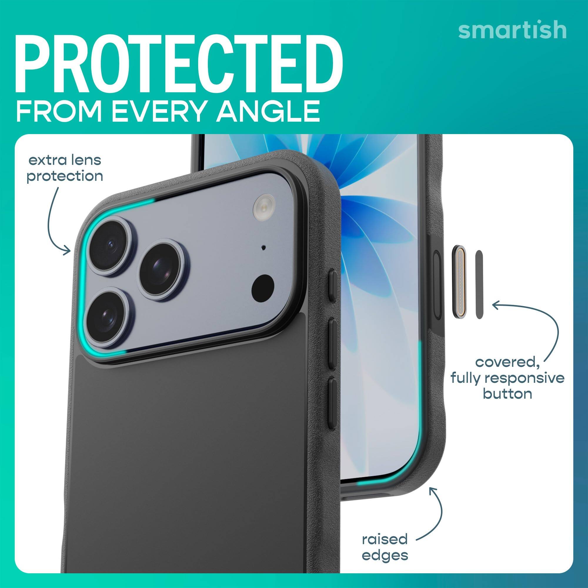 smartish  
PROTECTED FROM EVERY ANGLE  
extra lens protection  
covered, fully responsive button  
raised edges