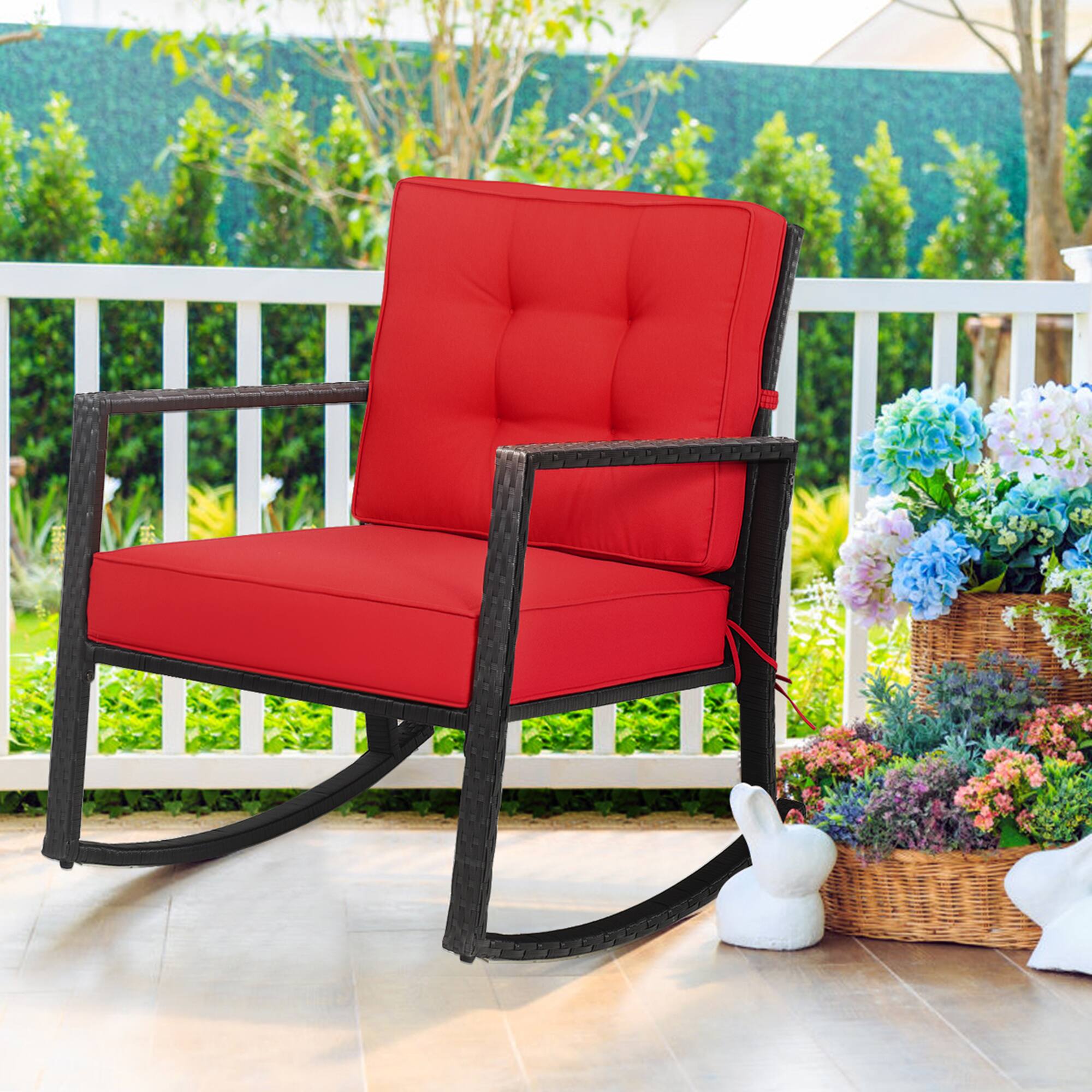 Alt View 3. Gymax - Gymax 2PCS Outdoor Wicker Rocking Chair Patio Rattan Single Chair Glider w/ Red Cushion - Black + Red.
