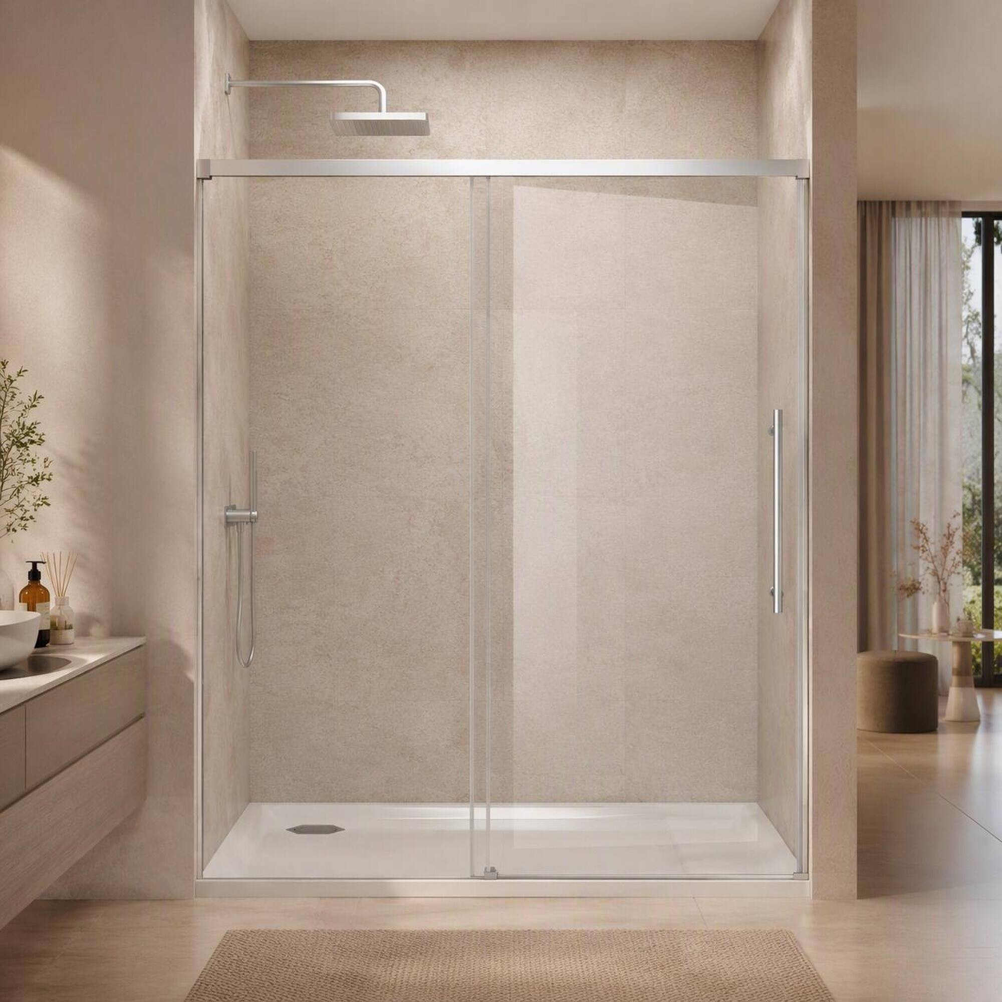 Front. RYHNUYNE - 48" X 72" Single Sliding Shower Door With 5mm Fixed And 6mm Sliding Tempered Glass, Chrome Steel Handle - Chrome.