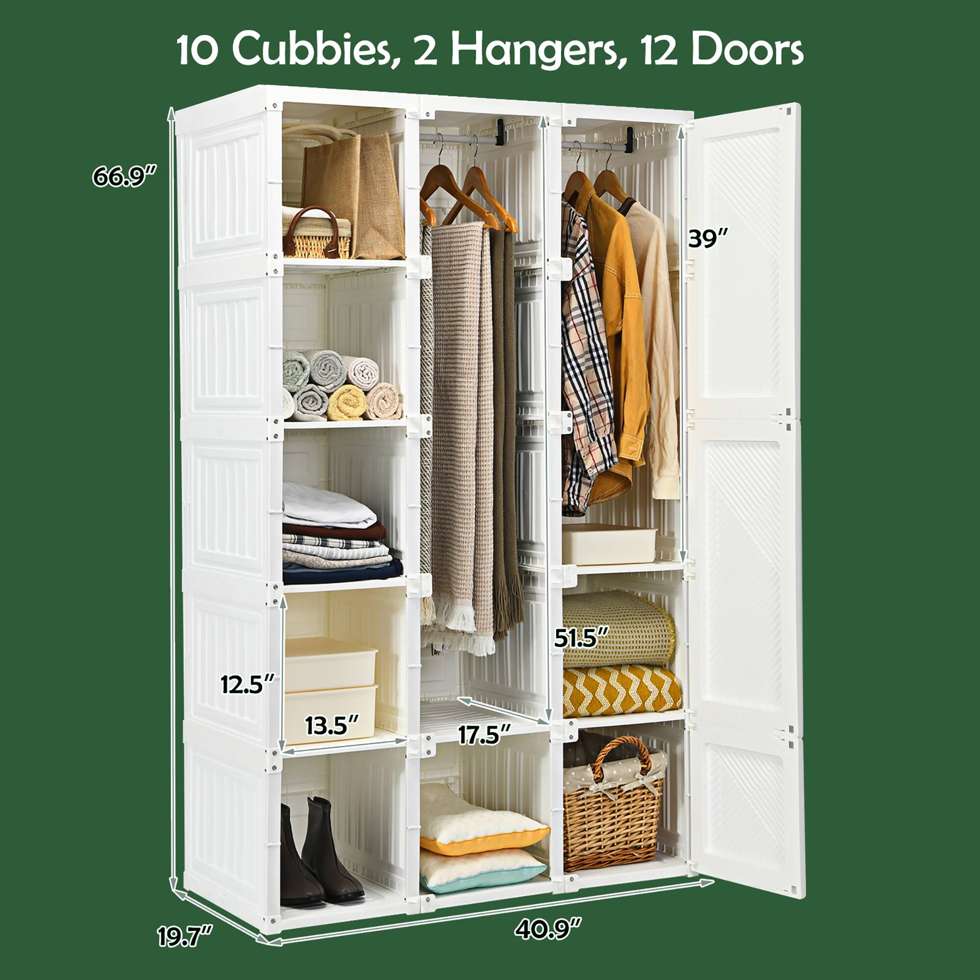 10 Cubbies, 2 Hangers, 12 Doors

66.9" x 39" x 51.5" x 12.5" x 13.5" x 17.5" x 19.7" x 40.9"