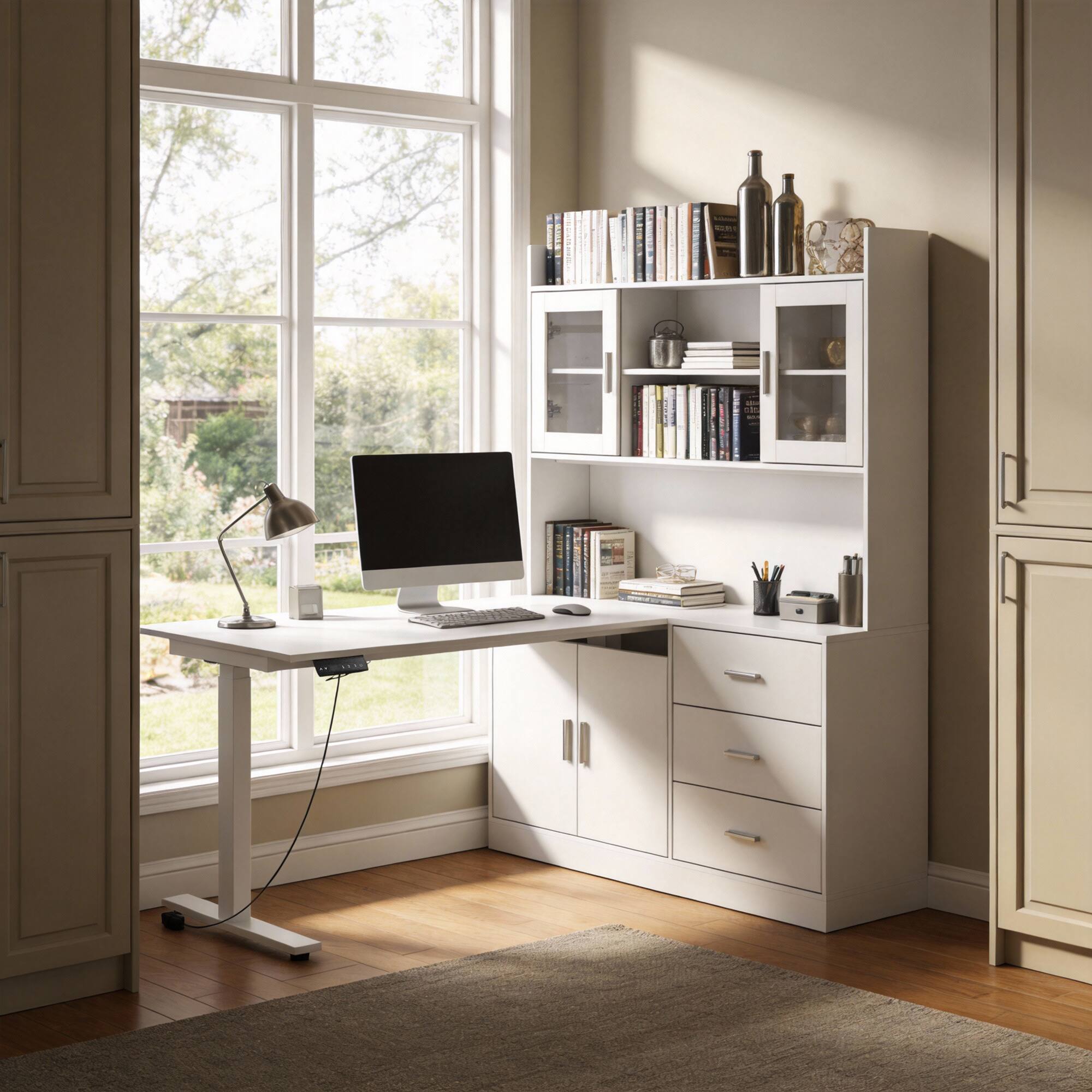 Angle. Famapy - Famapy Electric Standing Desk with Storage: Ergonomic, Organized, Modern Home Office Solution - White.
