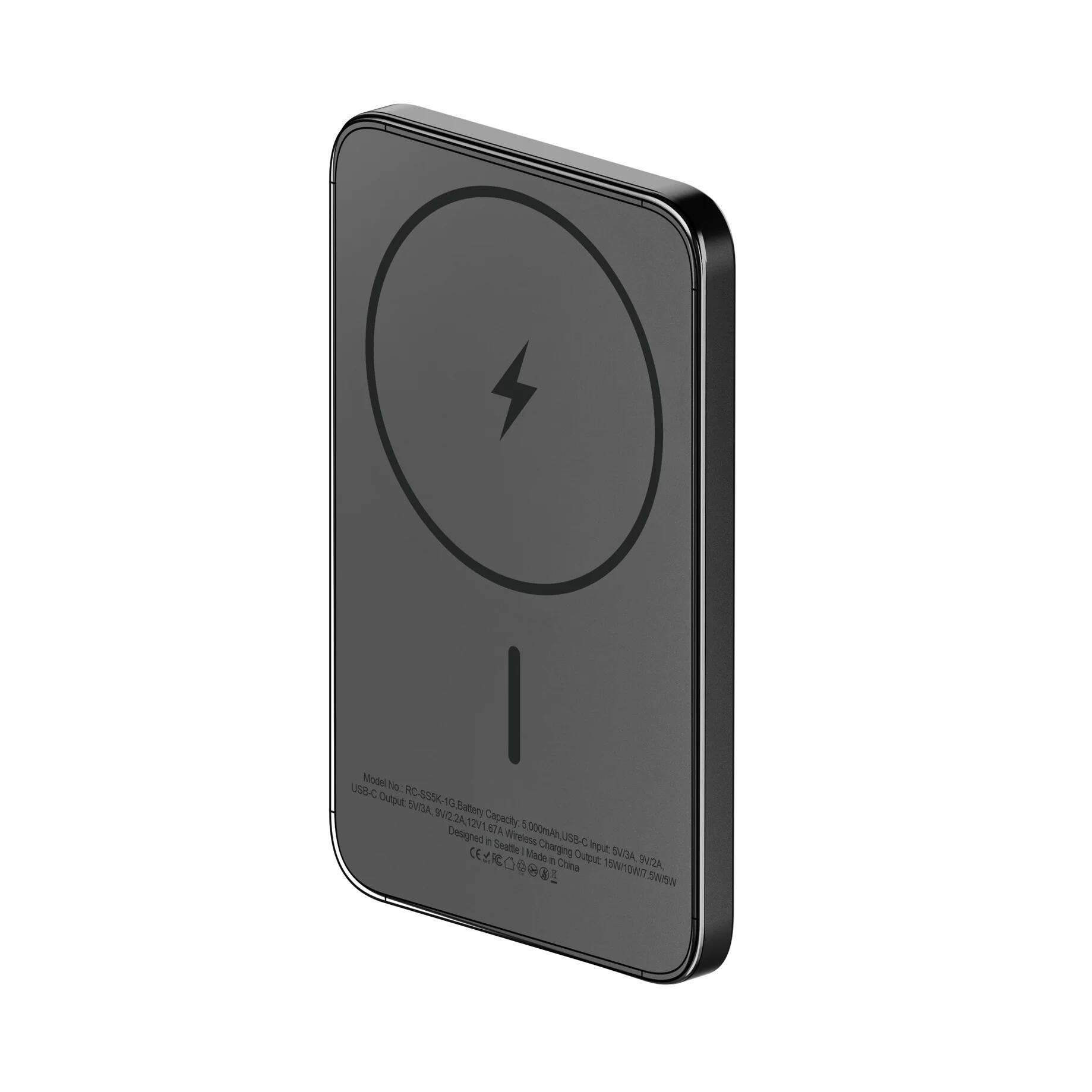 Model No. RC-55K19  
USB-C Output: 5V/9A, 12V/1.5A  
Battery Capacity: 5000mAh  
12V/1A Wireless Charging  
USB-C Input: 5V/2A, 9V/2A  
Designed in Seattle  
Made in China  
CE, FCC, BESA