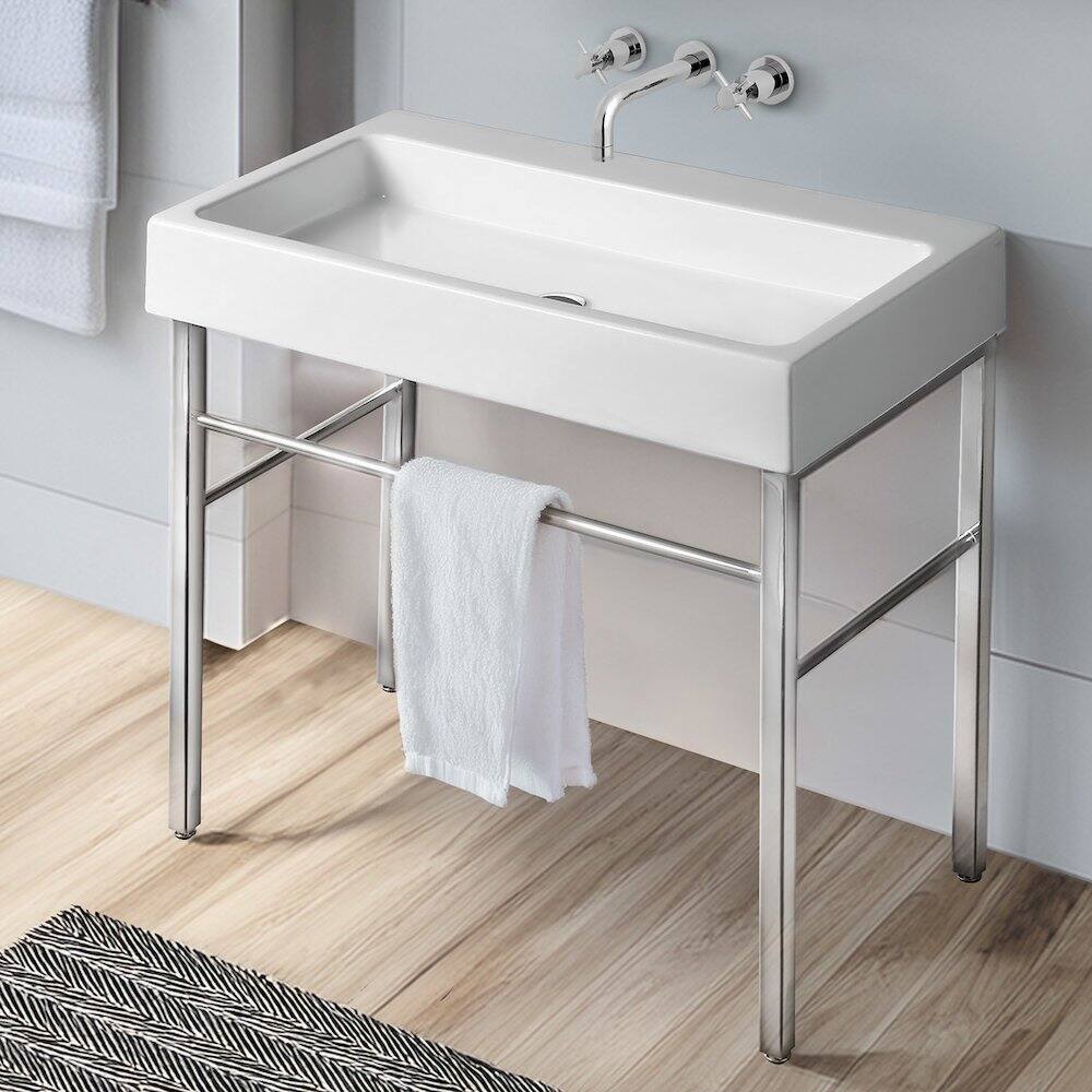 Left. Whitehaus - Britannia Large Rectangular Sink Console with Front towel Bar and No Hole Drill - White.