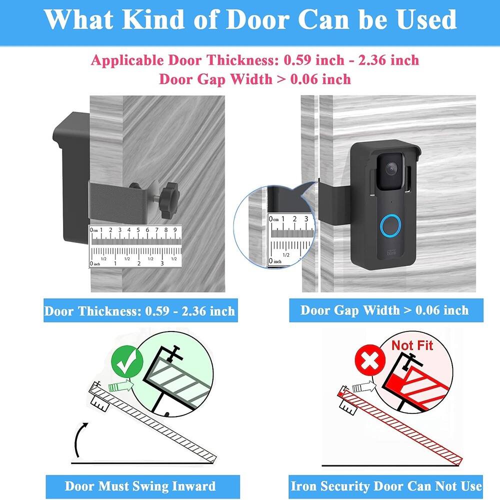 What Kind of Door Can be Used

Applicable Door Thickness: 0.59 inch - 2.36 inch  
Door Gap Width > 0.06 inch

Door Thickness: 0.59 - 2.36 inch  
Door Gap Width > 0.06 inch

Door Must Swing Inward

Iron Security Door Can Not Use