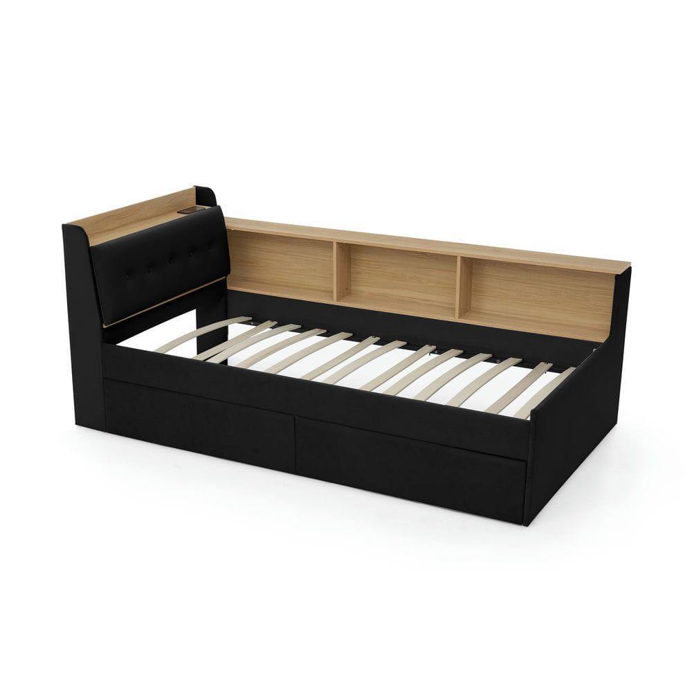 Alt View 1. Kadyn - Twin Size Upholstered Velvet Daybed with Storage Headboard, Wireless Charging, 2 Drawers & LED Lights - Black.